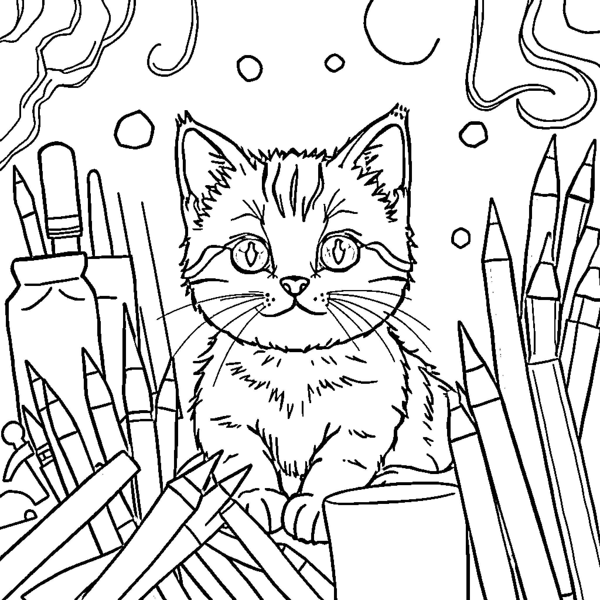Kitten in a Colorful Art Studio Coloring Page (free black-and-white line drawing printable PDF for all, from beginners to advanced learners, including children, teens, adults, and seniors)
