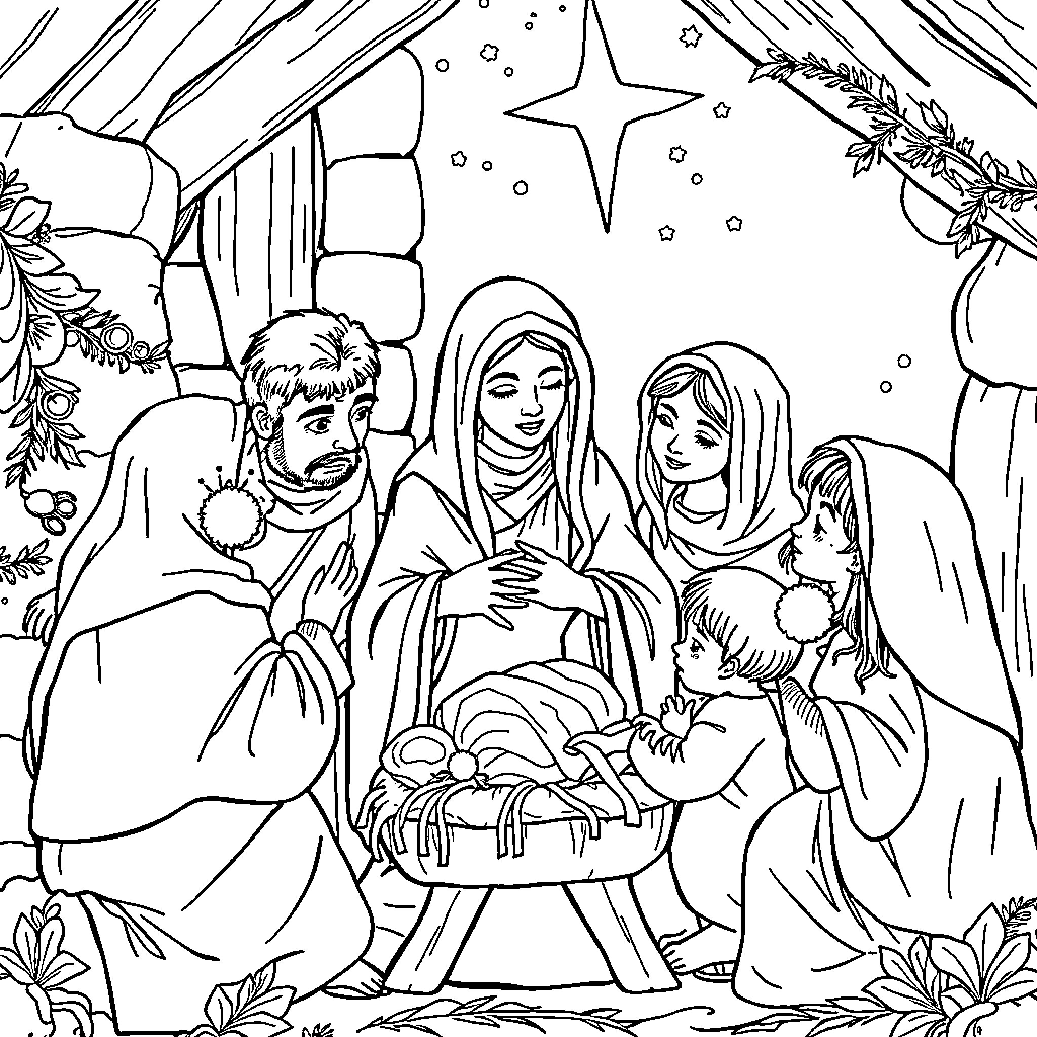 Mary's family celebrating the birth of a newborn Coloring Page (free black-and-white line drawing printable PDF for all, from beginners to advanced learners, including children, teens, adults, and seniors)