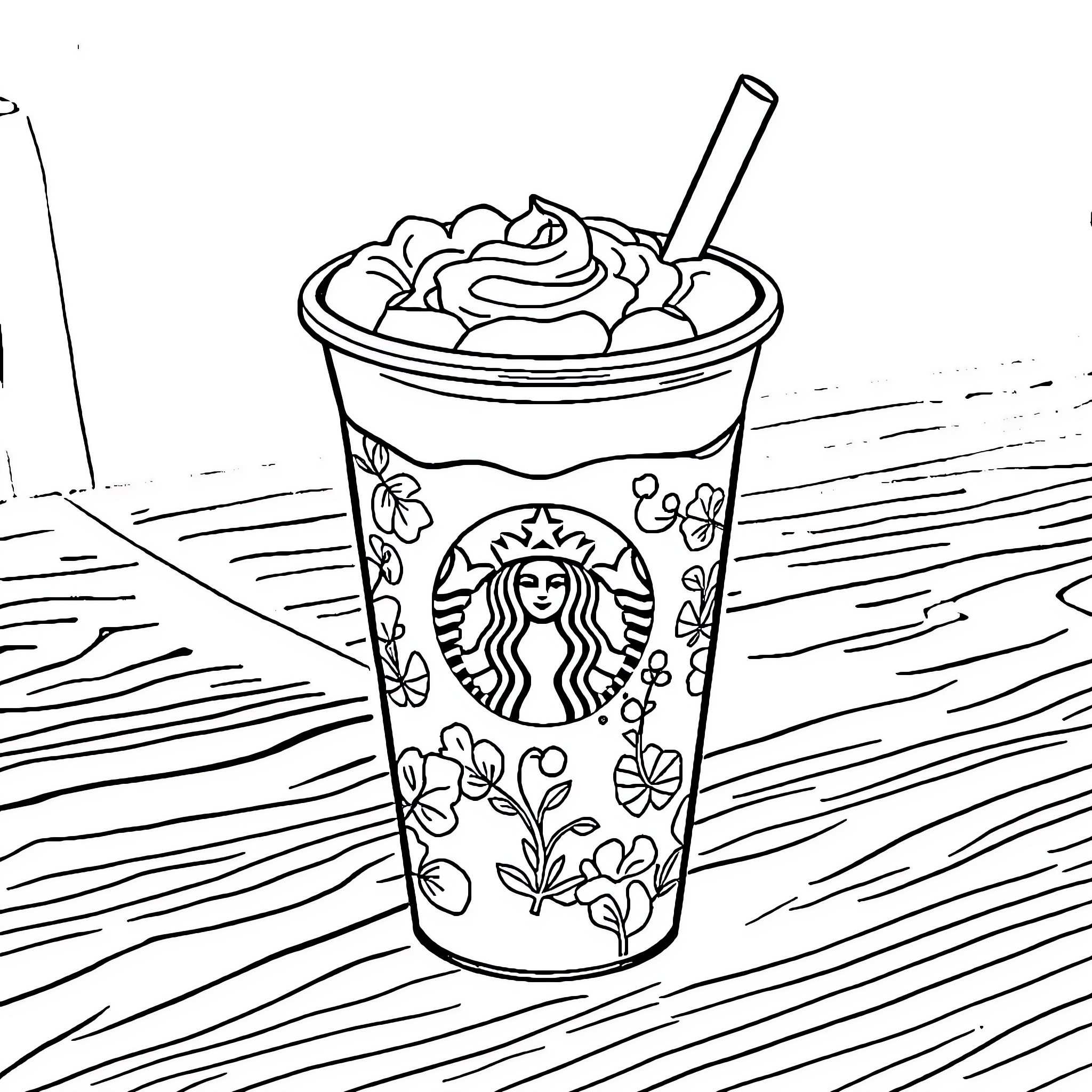Drink with Whipped Cream and Floral Design Coloring Page (free black-and-white line drawing printable PDF for all, from beginners to advanced learners, including children, teens, adults, and seniors)