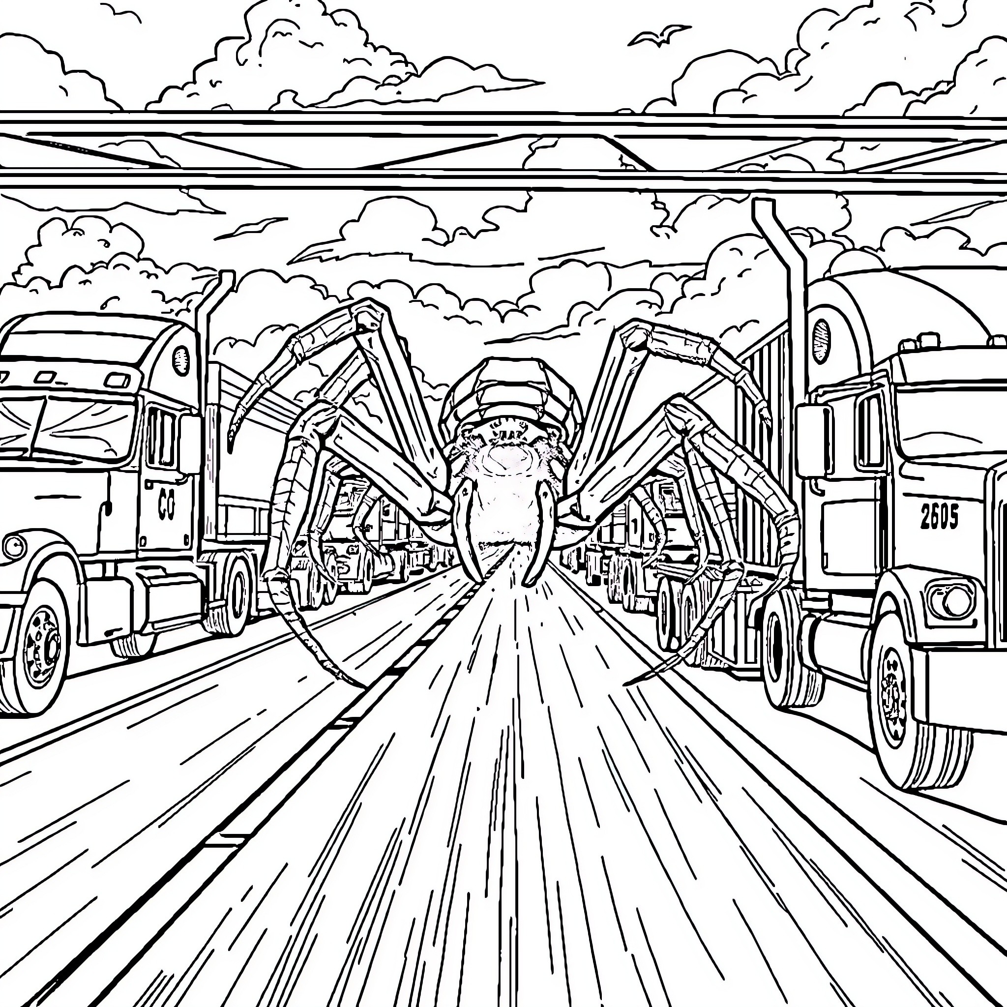 Spider-like machine races along the highway Coloring Page (free black-and-white line drawing printable PDF for all, from beginners to advanced learners, including children, teens, adults, and seniors)