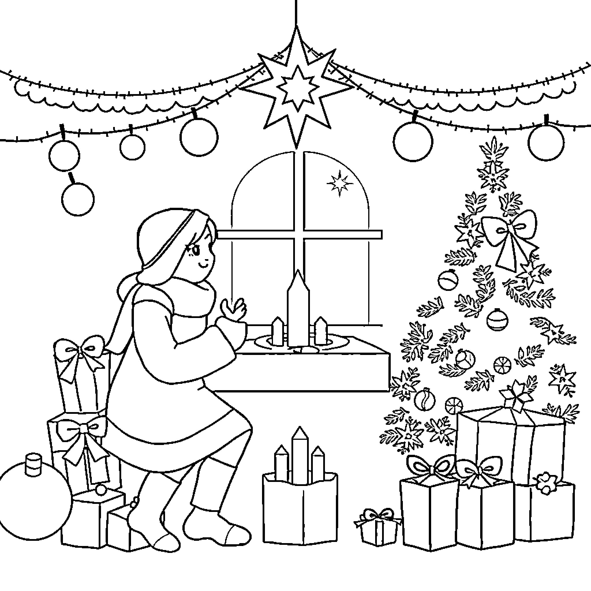 Noel's Cozy Christmas Celebration Coloring Page (free black-and-white line drawing printable PDF for all, from beginners to advanced learners, including children, teens, adults, and seniors)