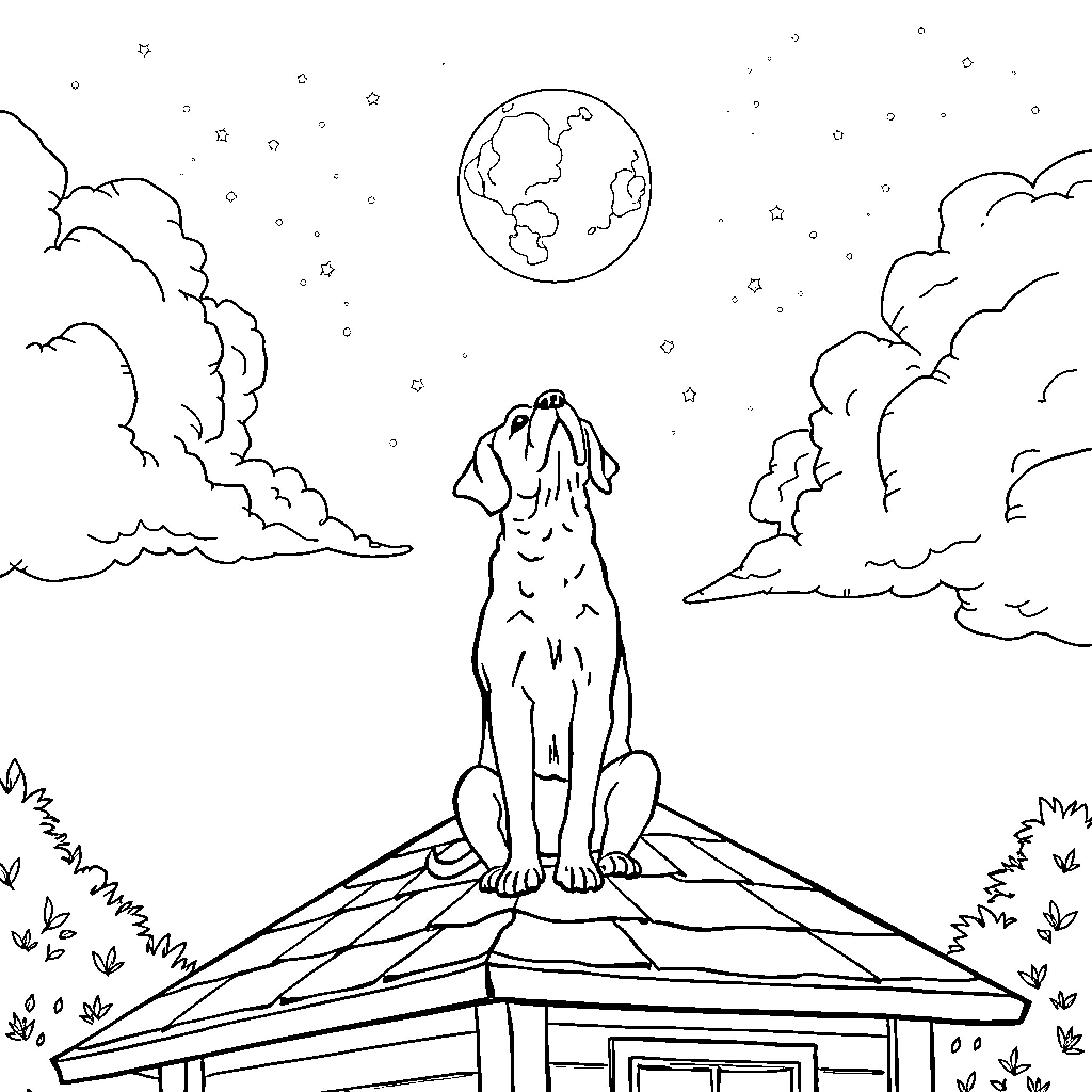Dog gazing at the moon on a snowy night Coloring Page (free black-and-white line drawing printable PDF for all, from beginners to advanced learners, including children, teens, adults, and seniors)