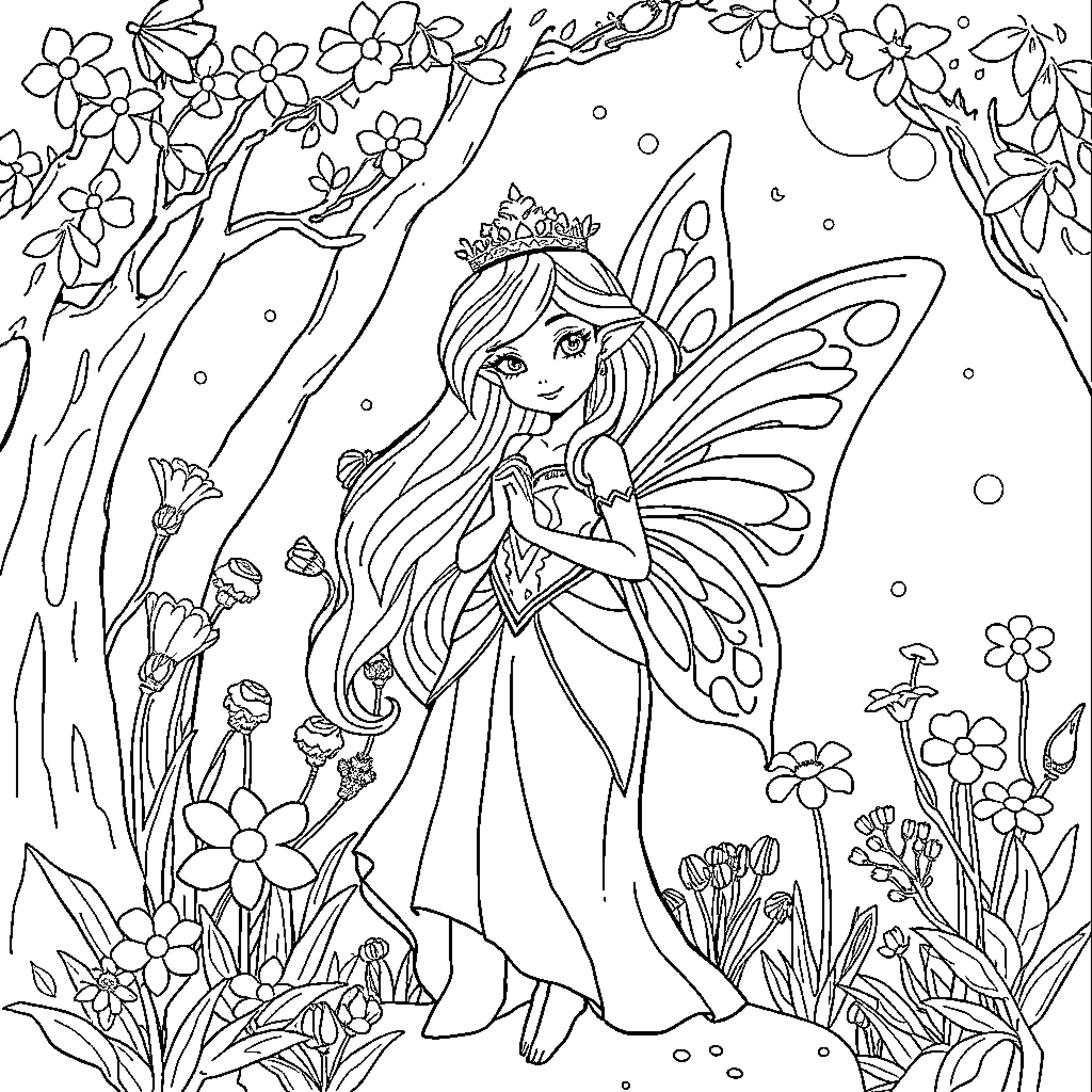 Fairy princess in magical garden Coloring Page (free black-and-white line drawing printable PDF for all, from beginners to advanced learners, including children, teens, adults, and seniors)