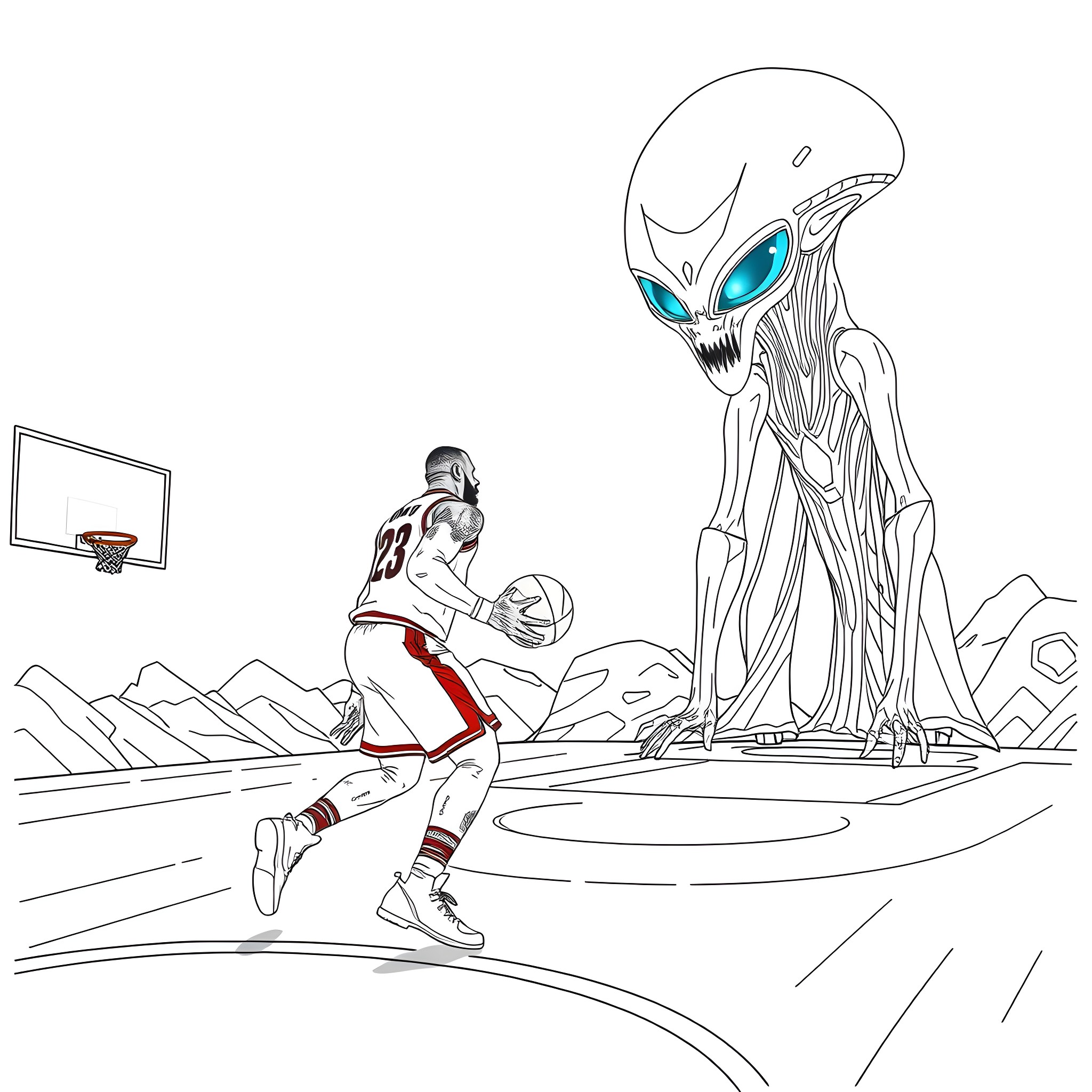 LeBron James Challenges Alien Basketball Player Coloring Page (free black-and-white line drawing printable PDF for all, from beginners to advanced learners, including children, teens, adults, and seniors)