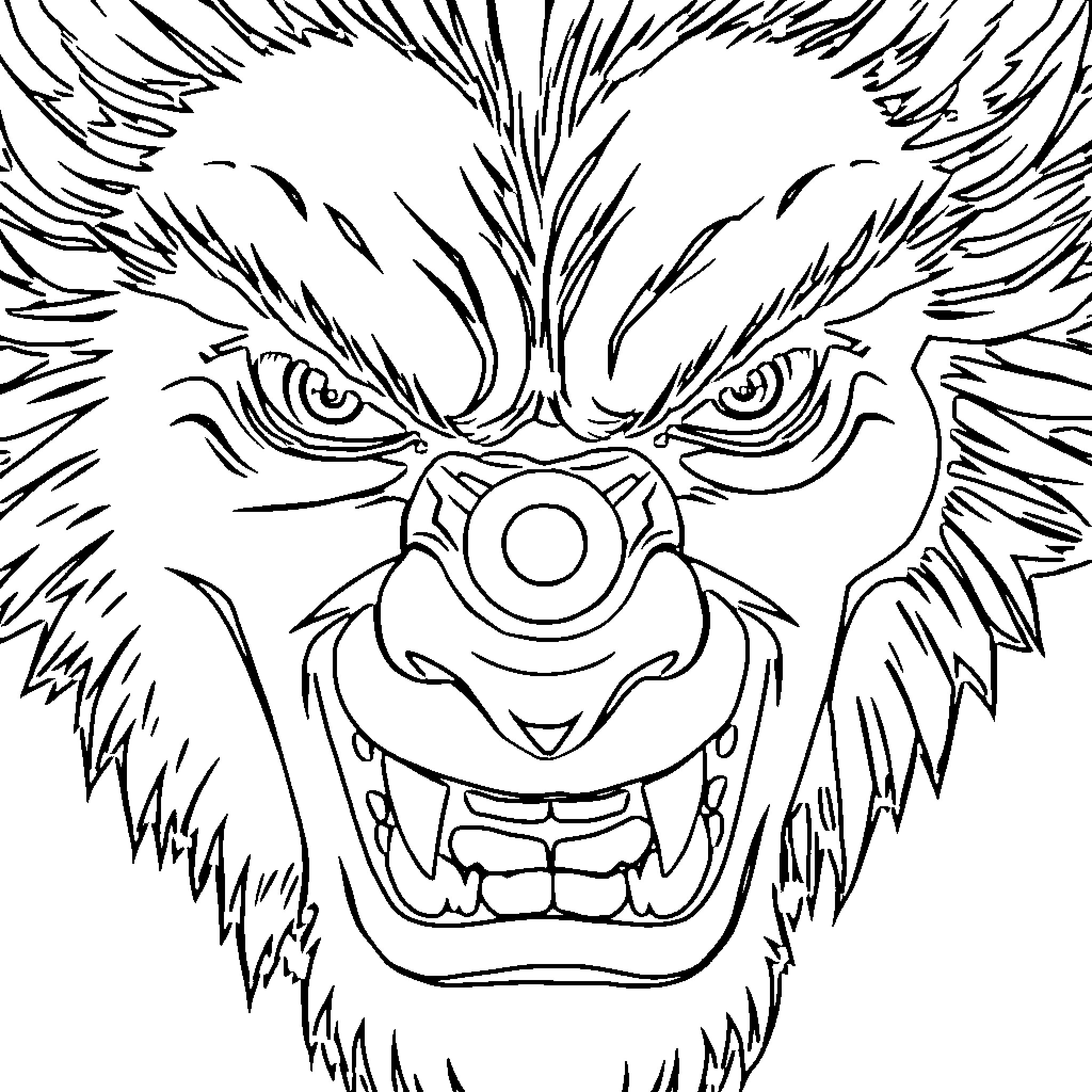 Face of Fierce Creature with Intense Expression Coloring Page (free black-and-white line drawing printable PDF for all, from beginners to advanced learners, including children, teens, adults, and seniors)