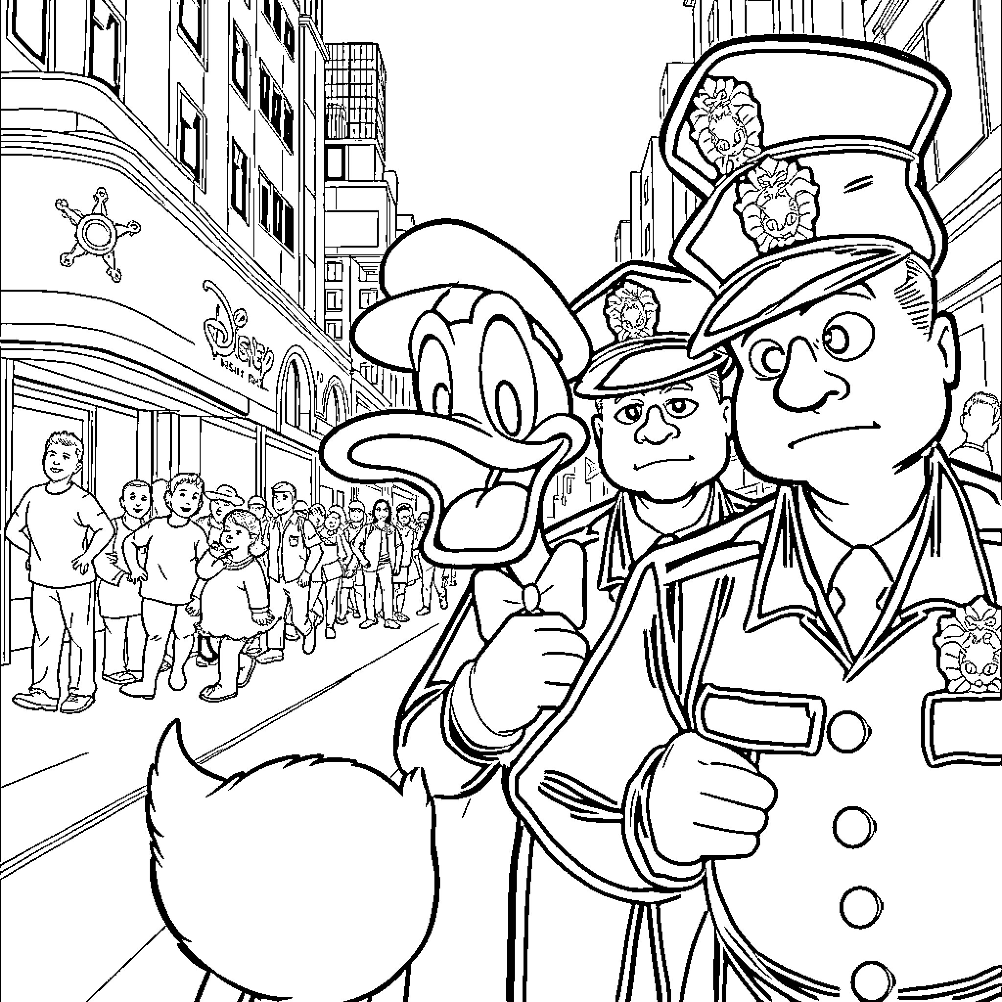 Donald Duck and friends in a lively city street scene Coloring Page (free black-and-white line drawing printable PDF for all, from beginners to advanced learners, including children, teens, adults, and seniors)