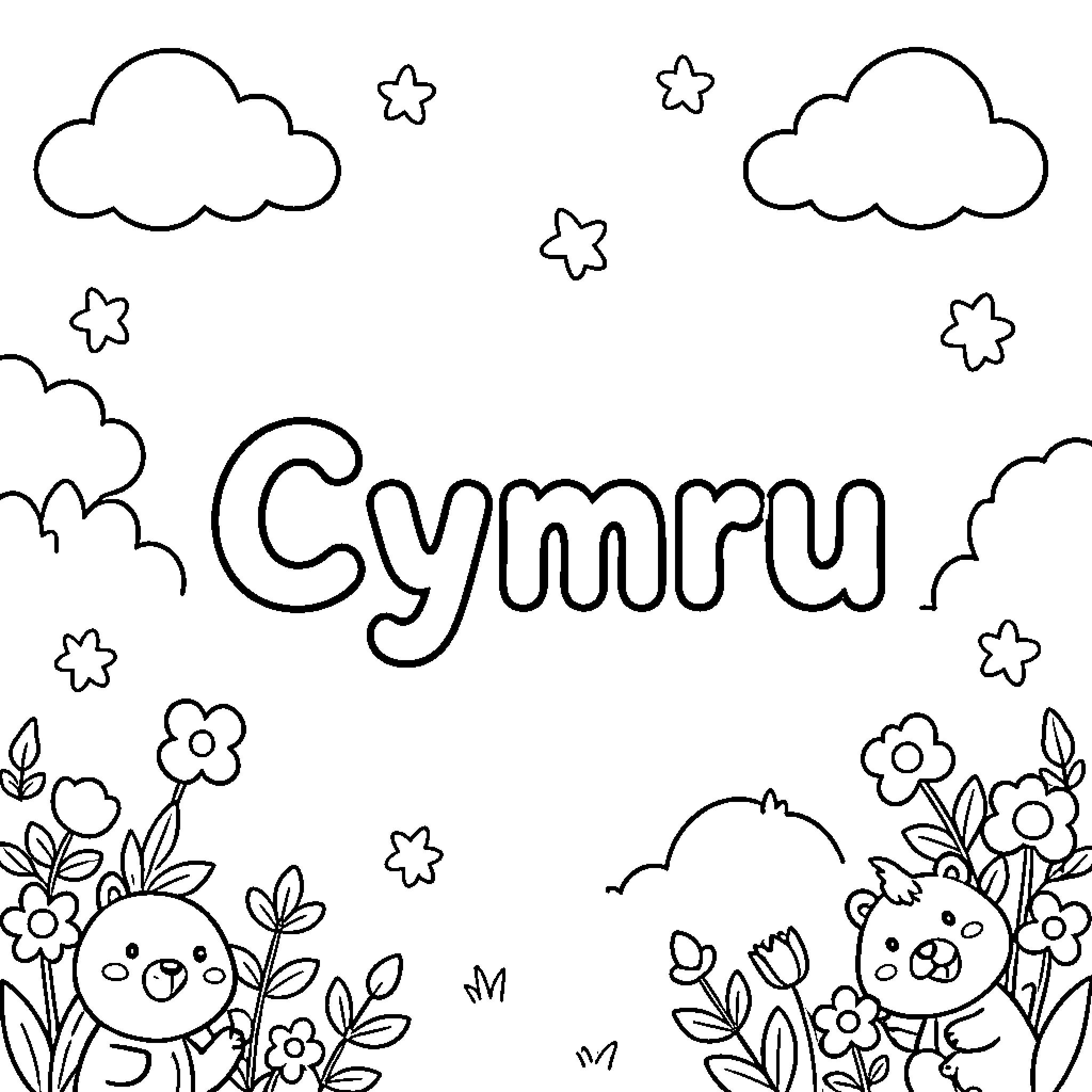 Cymru with cute animals among clouds and flowers Coloring Page (free black-and-white line drawing printable PDF for all, from beginners to advanced learners, including children, teens, adults, and seniors)