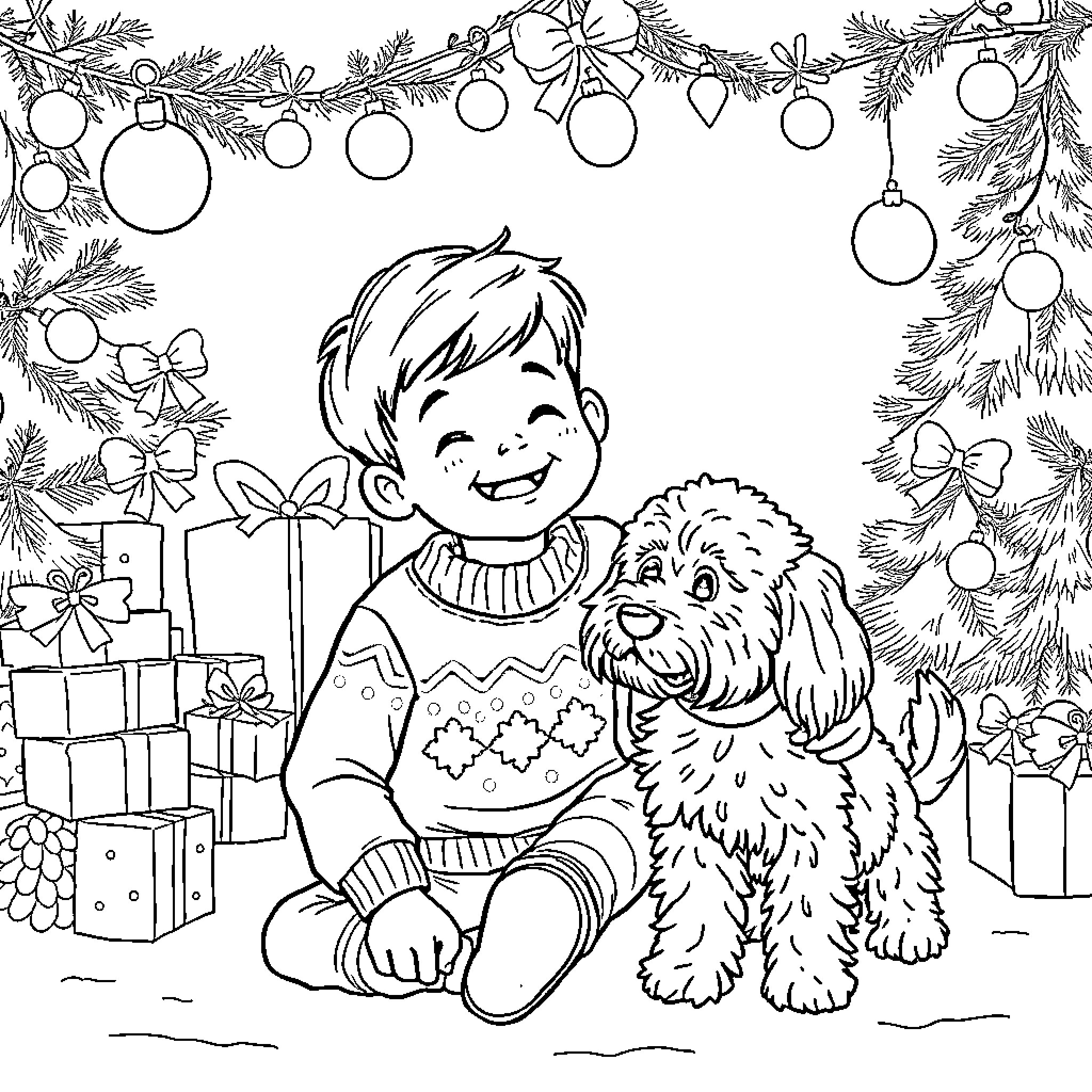 Boy and his Dog Enjoying Christmas Festivities Coloring Page (free black-and-white line drawing printable PDF for all, from beginners to advanced learners, including children, teens, adults, and seniors)