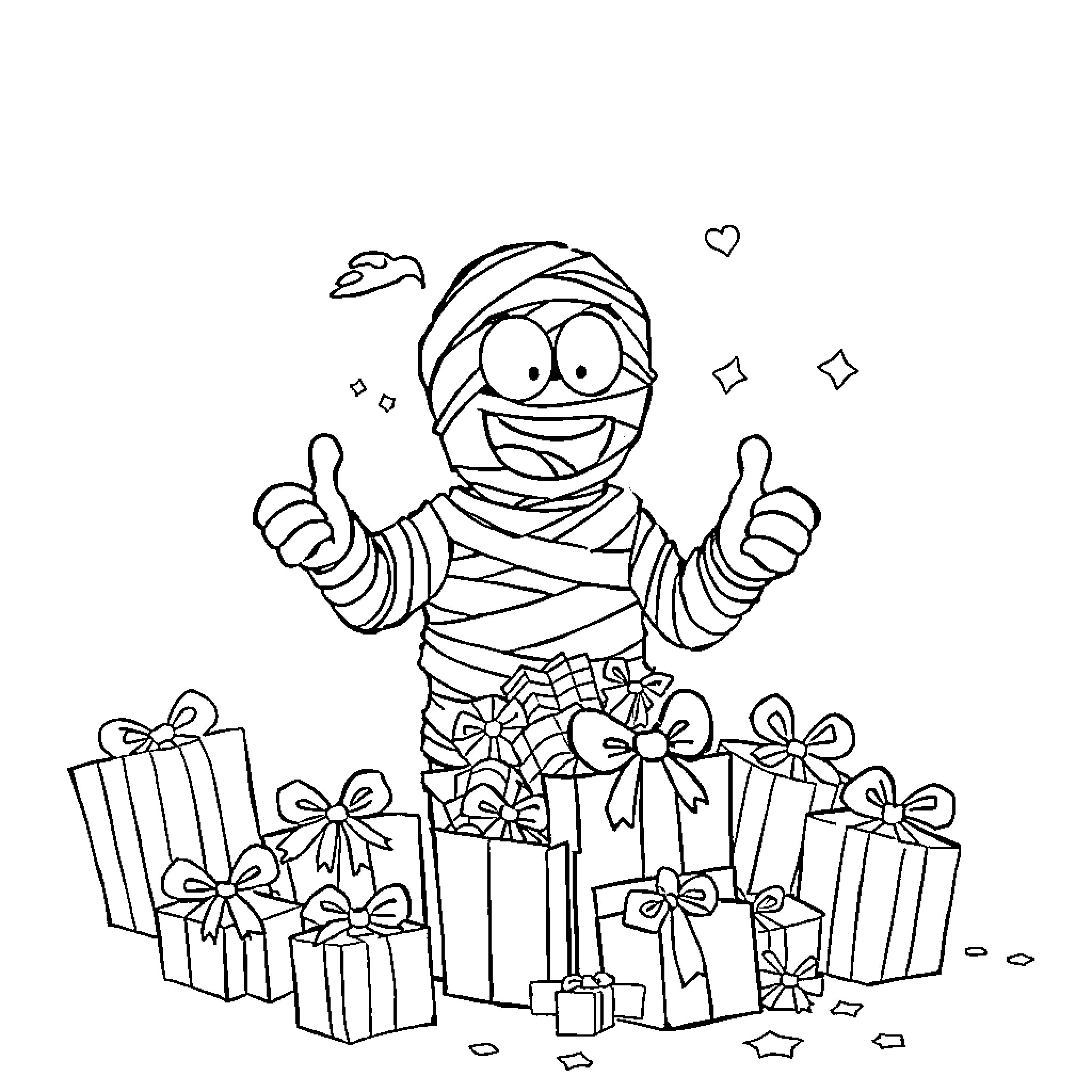 Mummy celebrating with gifts and joy Coloring Page (free black-and-white line drawing printable PDF for all, from beginners to advanced learners, including children, teens, adults, and seniors)
