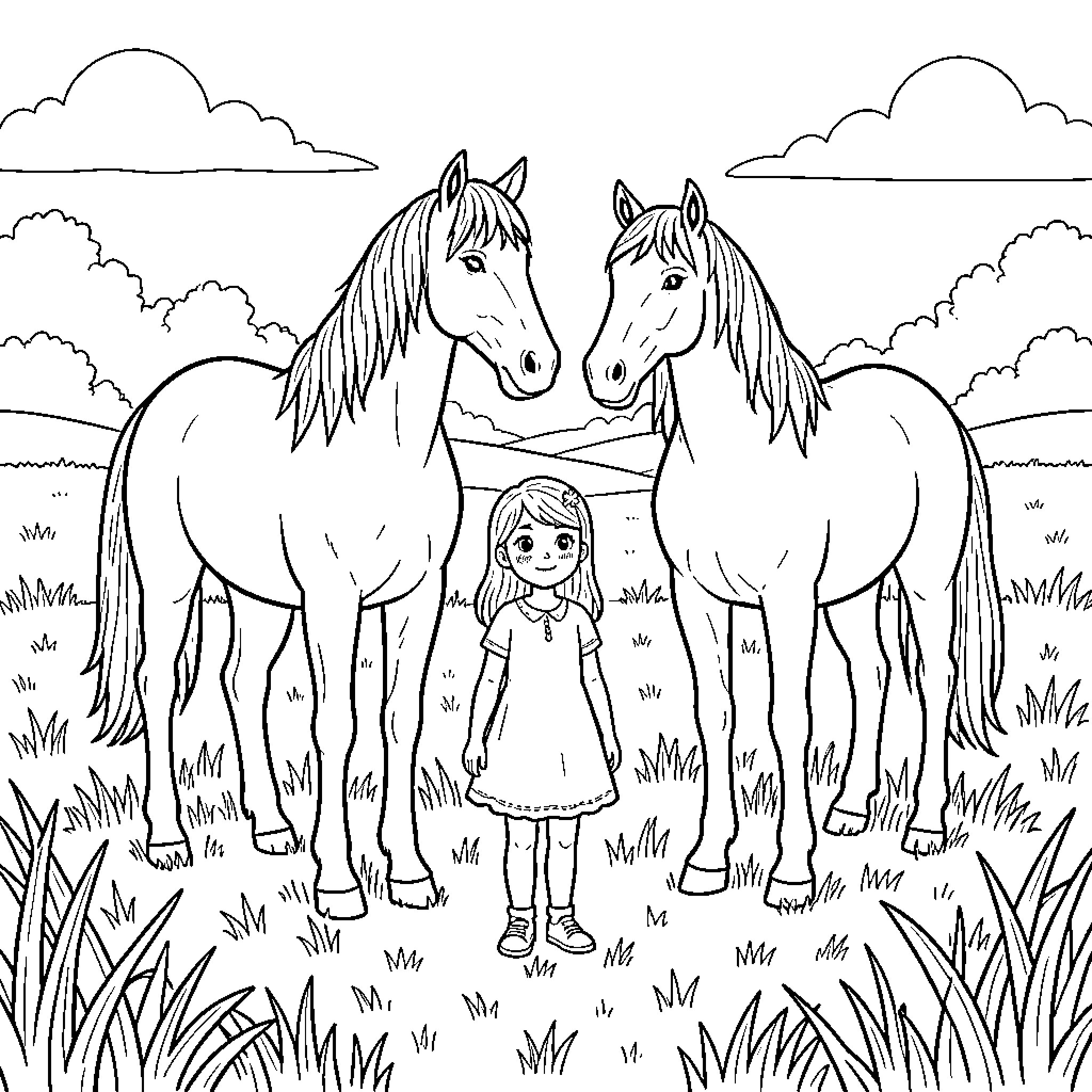Horse standing calmly with a young girl in a field Coloring Page (free black-and-white line drawing printable PDF for all, from beginners to advanced learners, including children, teens, adults, and seniors)
