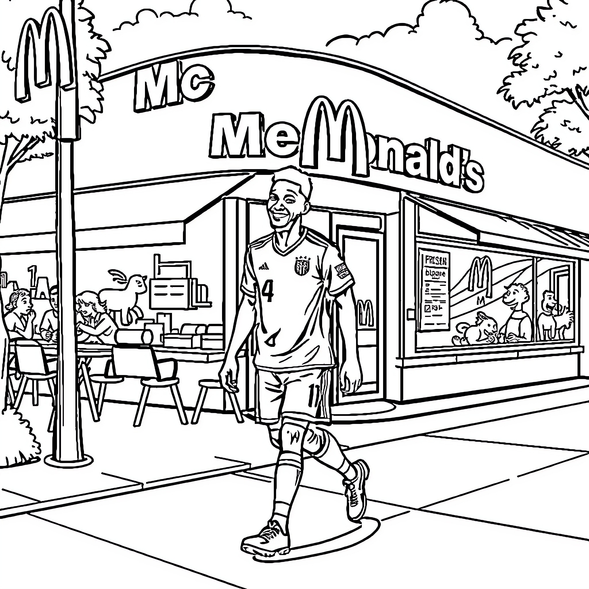 Mbappe visiting the iconic McDonald's restaurant Coloring Page (free black-and-white line drawing printable PDF for all, from beginners to advanced learners, including children, teens, adults, and seniors)