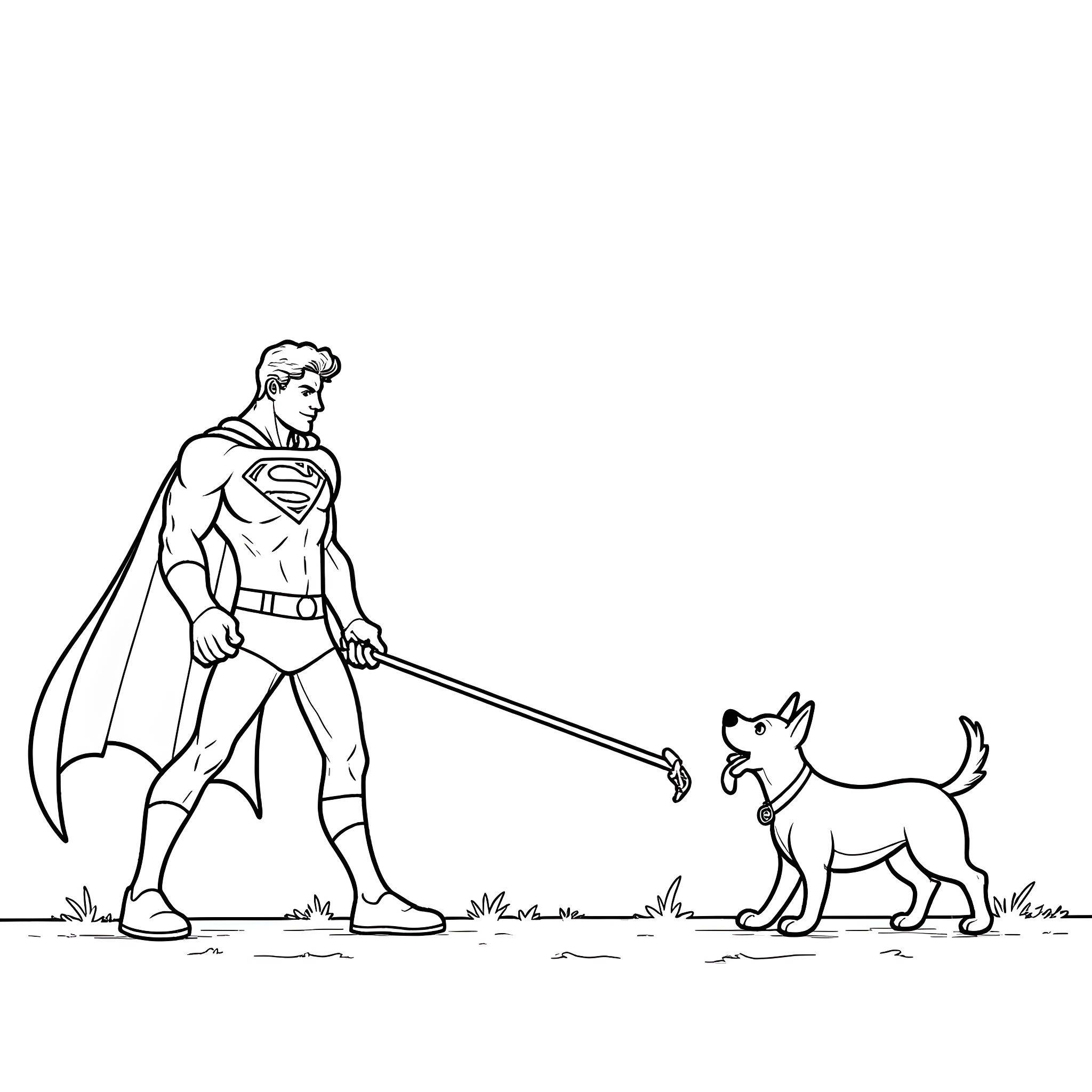 Superman walking his dog in the park Coloring Page (free black-and-white line drawing printable PDF for all, from beginners to advanced learners, including children, teens, adults, and seniors)