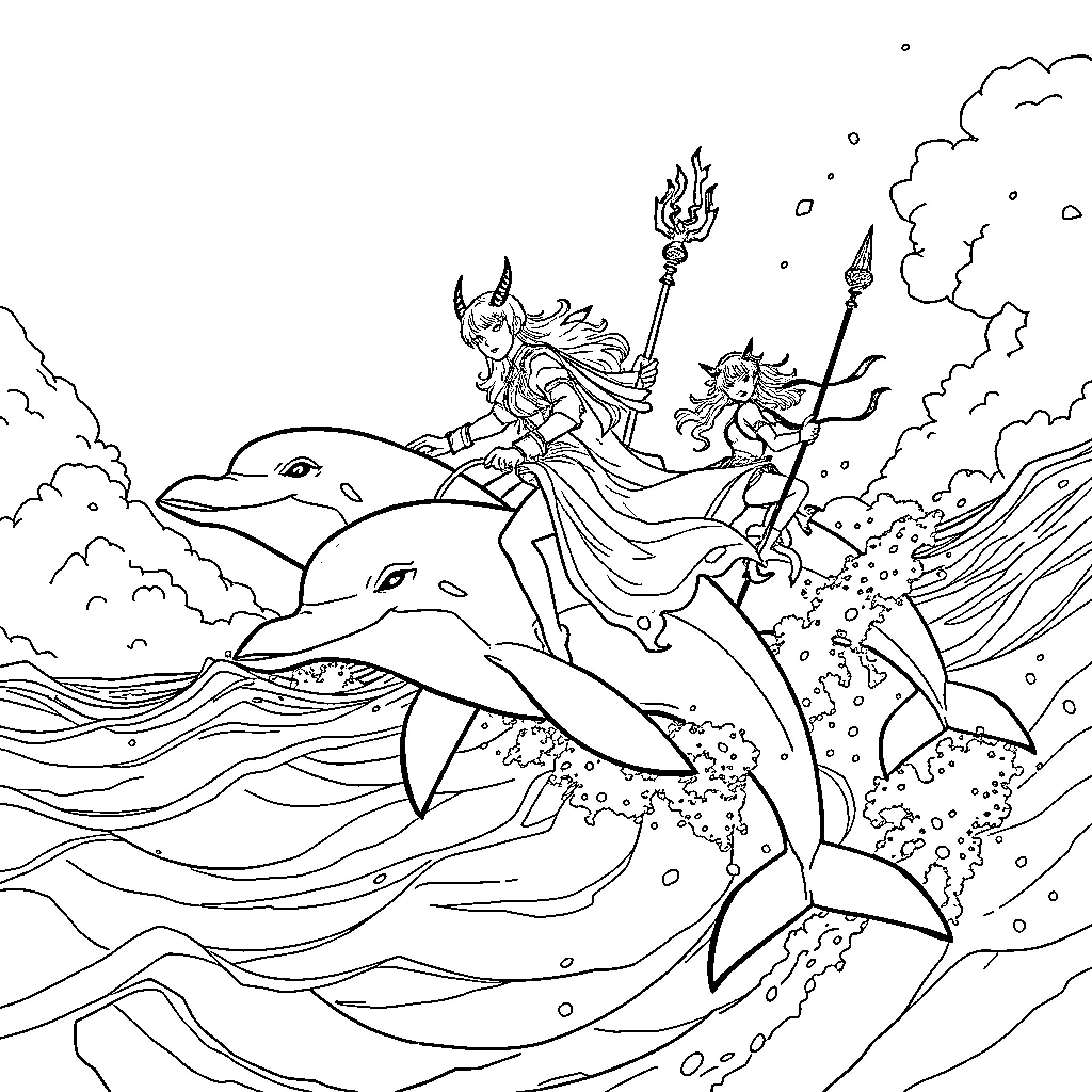 Demon Hunter Riding a Majestic Dolphin into Battle Coloring Page (free black-and-white line drawing printable PDF for all, from beginners to advanced learners, including children, teens, adults, and seniors)