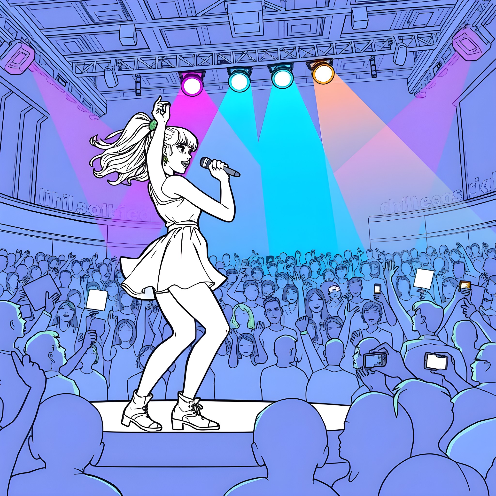 Teen Girl Singing on Stage at a Music Concert Coloring Page (free black-and-white line drawing printable PDF for all, from beginners to advanced learners, including children, teens, adults, and seniors)