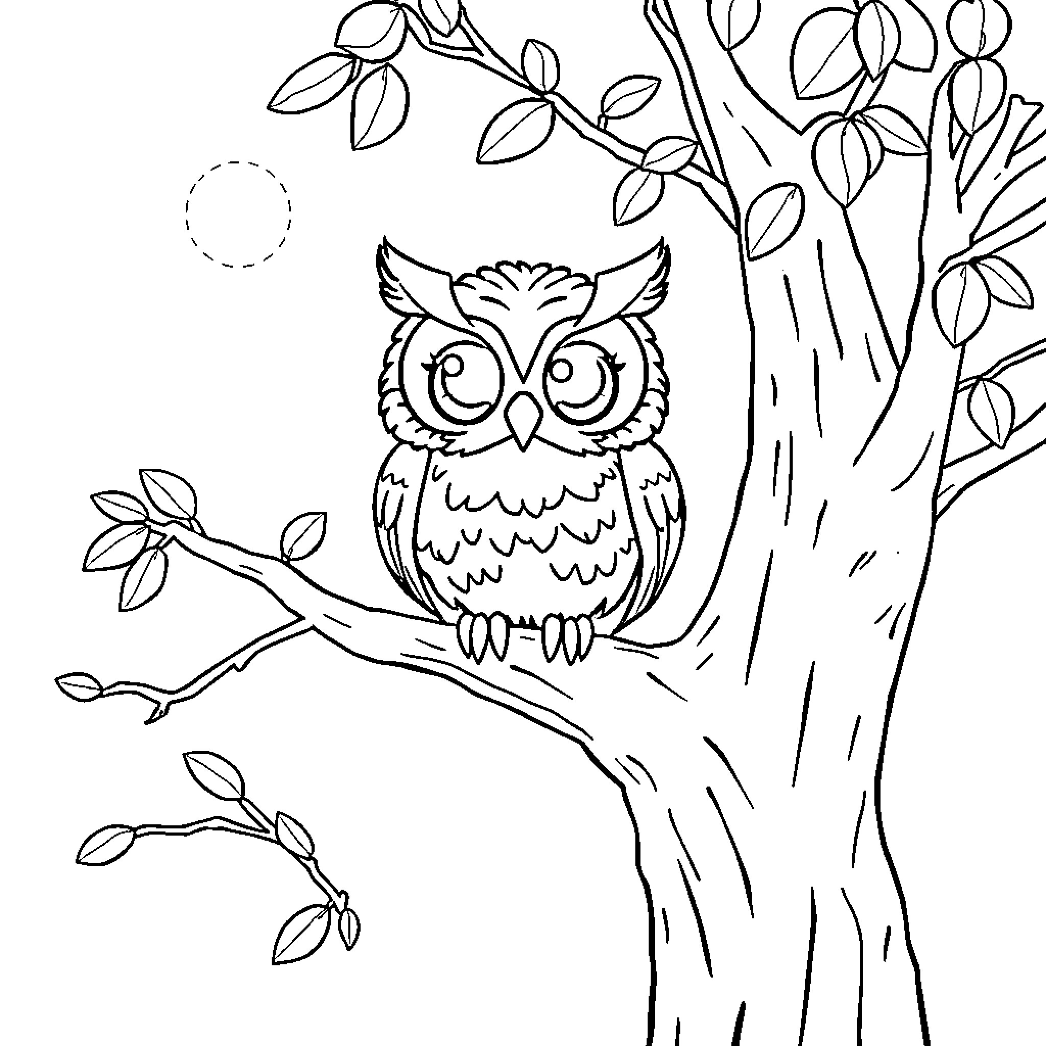 Owl perching on branch in forest Coloring Page (free black-and-white line drawing printable PDF for all, from beginners to advanced learners, including children, teens, adults, and seniors)