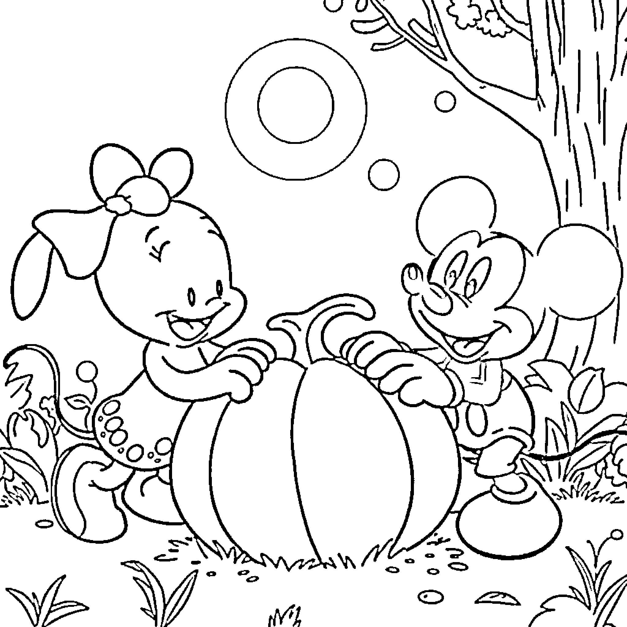 Mickey Mouse and Minnie Mouse playing in the garden Coloring Page (free black-and-white line drawing printable PDF for all, from beginners to advanced learners, including children, teens, adults, and seniors)