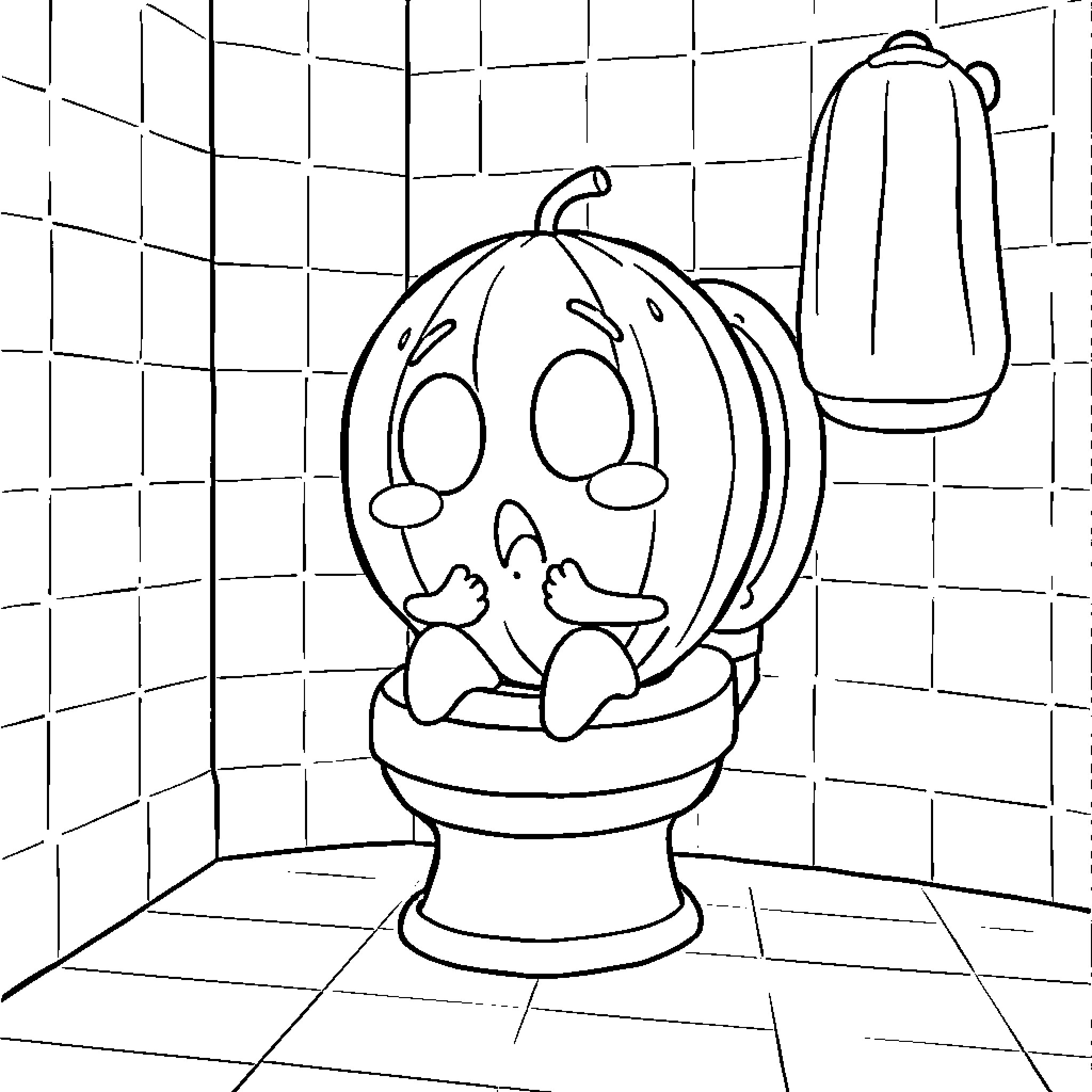 Cocomelon character in silly bathroom scene Coloring Page (free black-and-white line drawing printable PDF for all, from beginners to advanced learners, including children, teens, adults, and seniors)