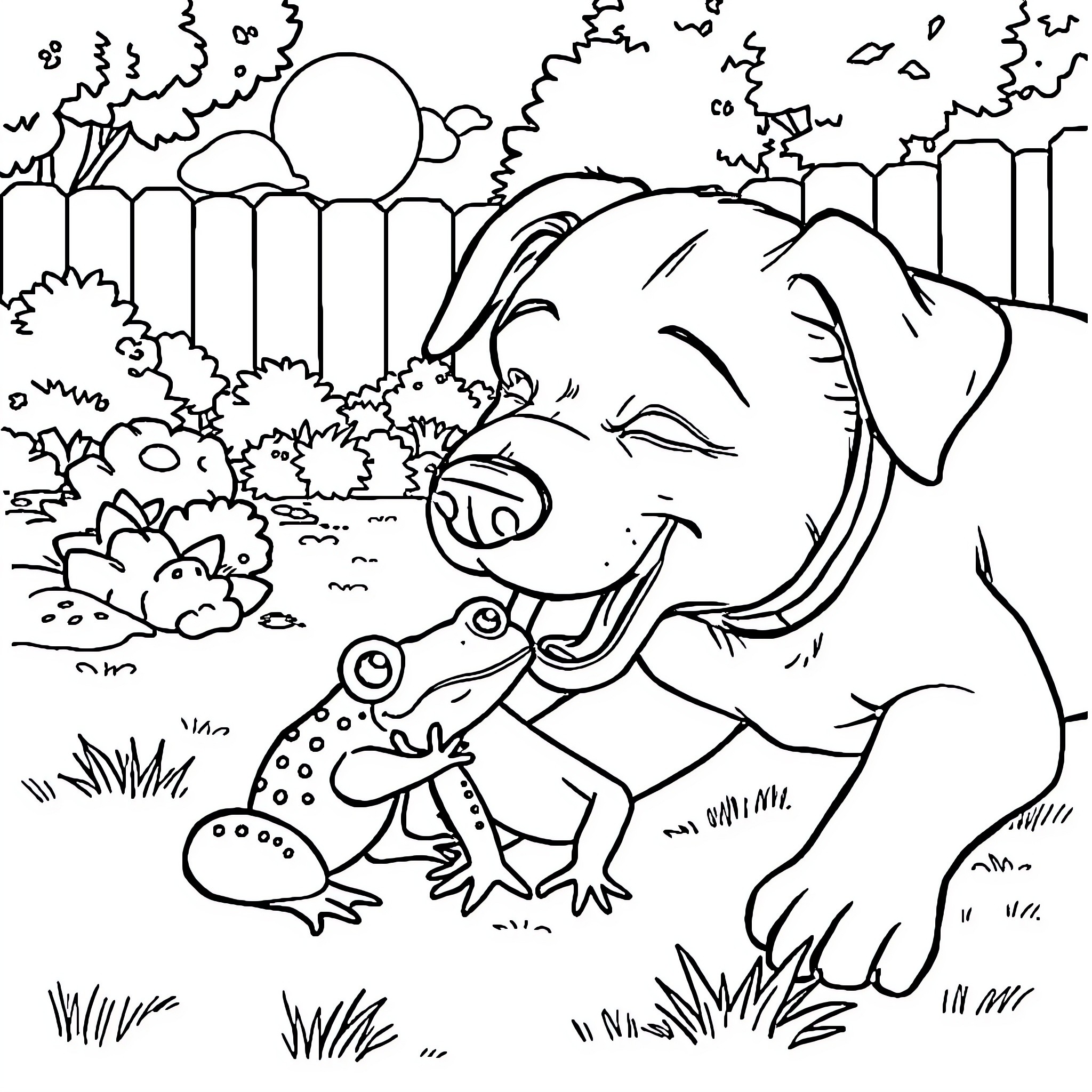 Dog playing with frog in the garden Coloring Page (free black-and-white line drawing printable PDF for all, from beginners to advanced learners, including children, teens, adults, and seniors)