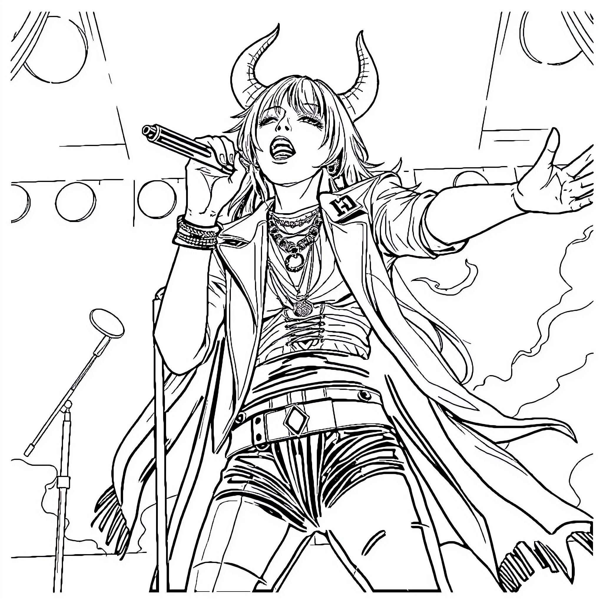 Rumi's Fiery Performance with Demonic Flair Coloring Page (free black-and-white line drawing printable PDF for all, from beginners to advanced learners, including children, teens, adults, and seniors)