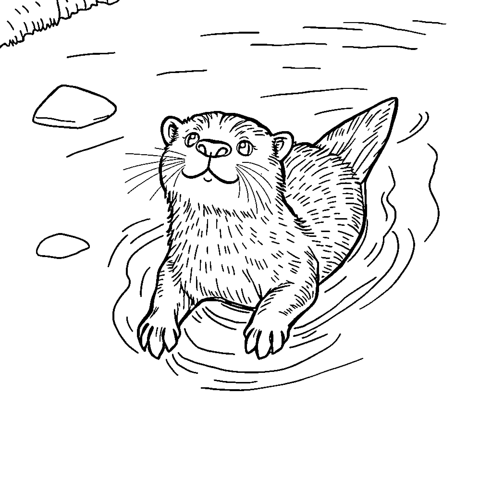 Otter enjoying a playful swim Coloring Page (free black-and-white line drawing printable PDF for all, from beginners to advanced learners, including children, teens, adults, and seniors)