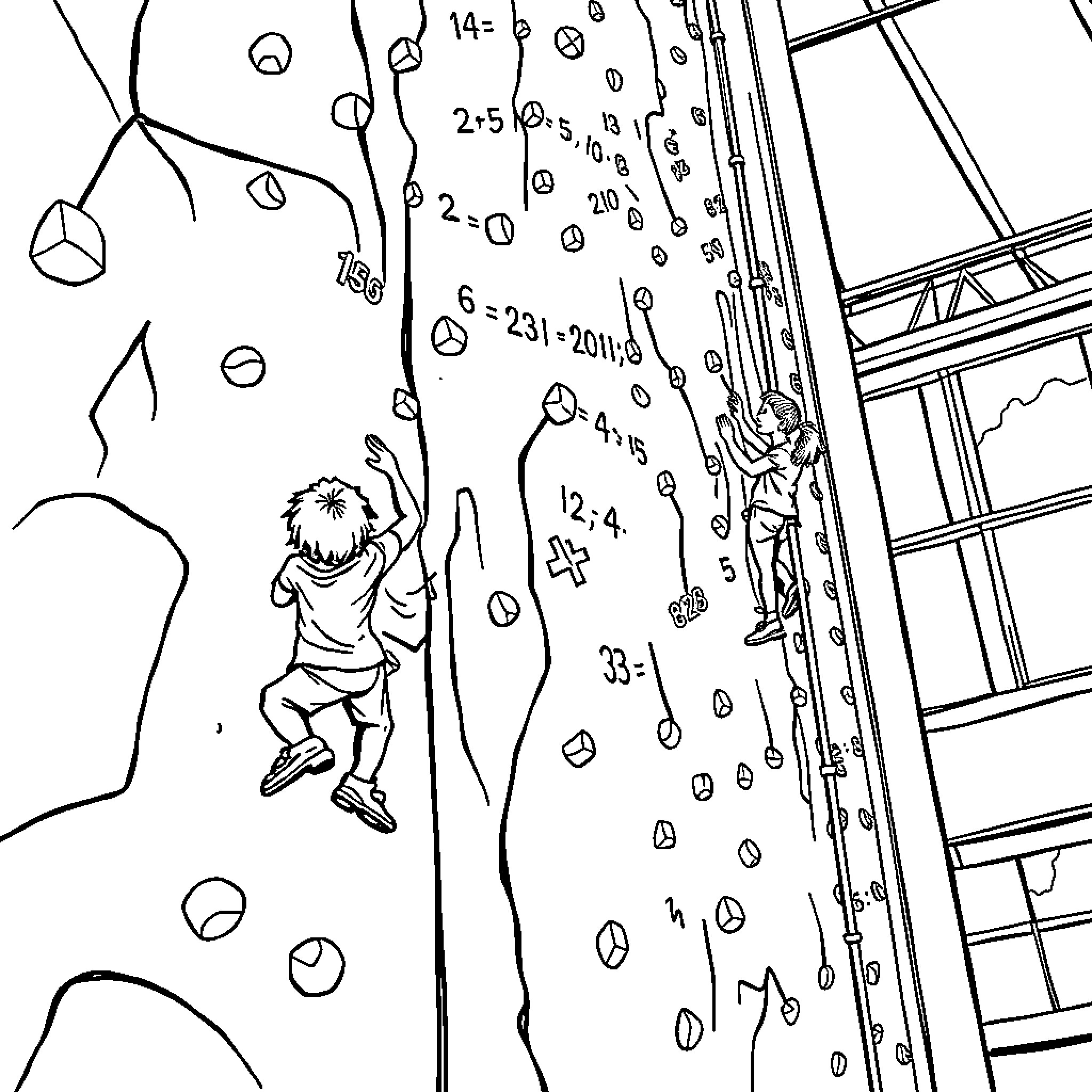 Math students climbing a challenging rock wall Coloring Page (free black-and-white line drawing printable PDF for all, from beginners to advanced learners, including children, teens, adults, and seniors)