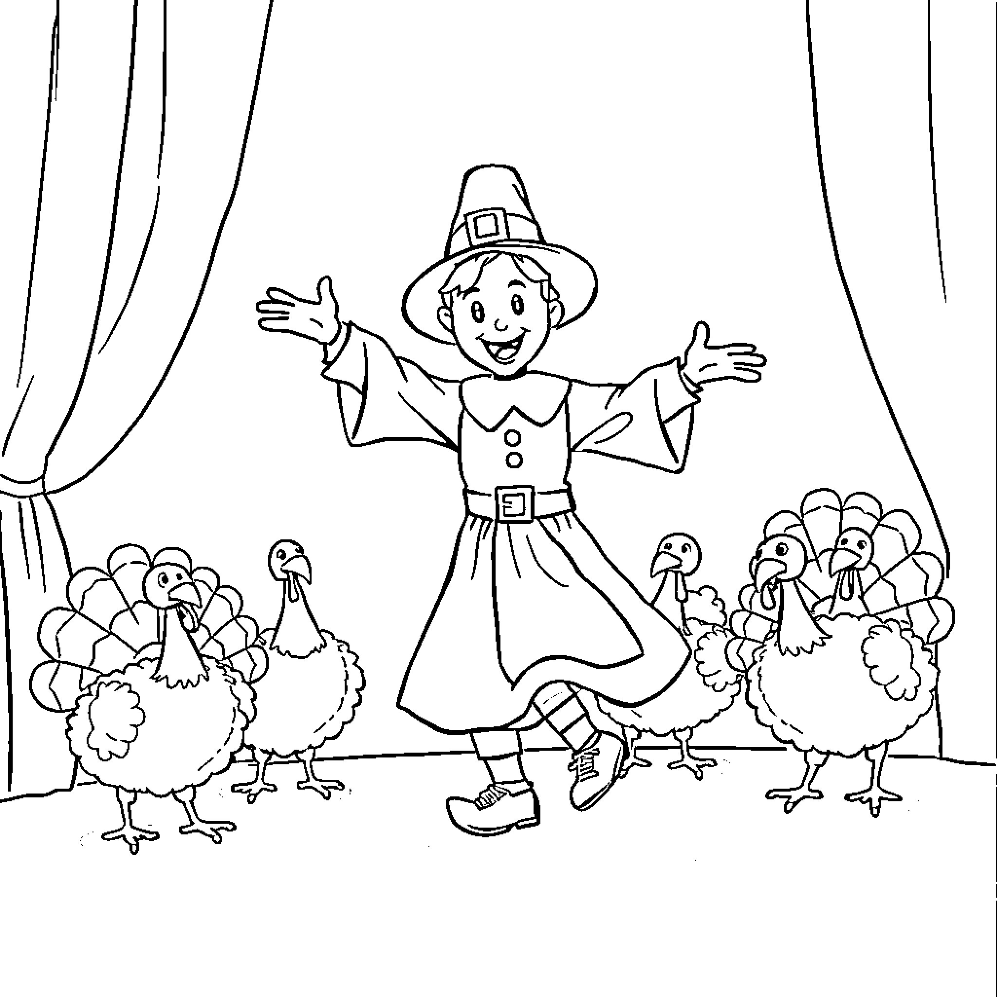 Pilgrim performer with dancing turkeys Coloring Page (free black-and-white line drawing printable PDF for all, from beginners to advanced learners, including children, teens, adults, and seniors)