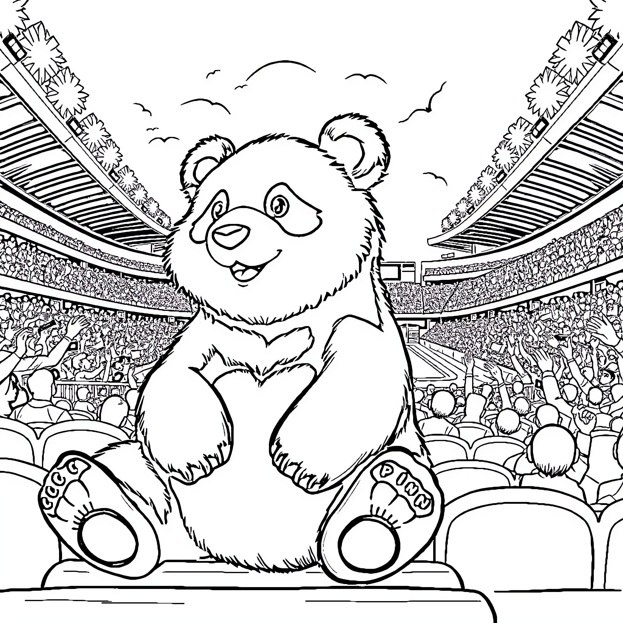 Panda enjoying the spotlight at a grand event Coloring Page (free black-and-white line drawing printable PDF for all, from beginners to advanced learners, including children, teens, adults, and seniors)