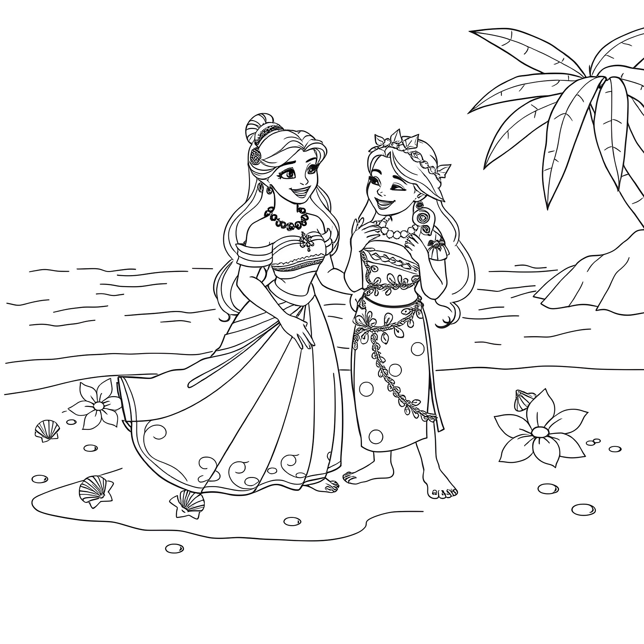 Belle and friend enjoy a tropical beach day Coloring Page (free black-and-white line drawing printable PDF for all, from beginners to advanced learners, including children, teens, adults, and seniors)