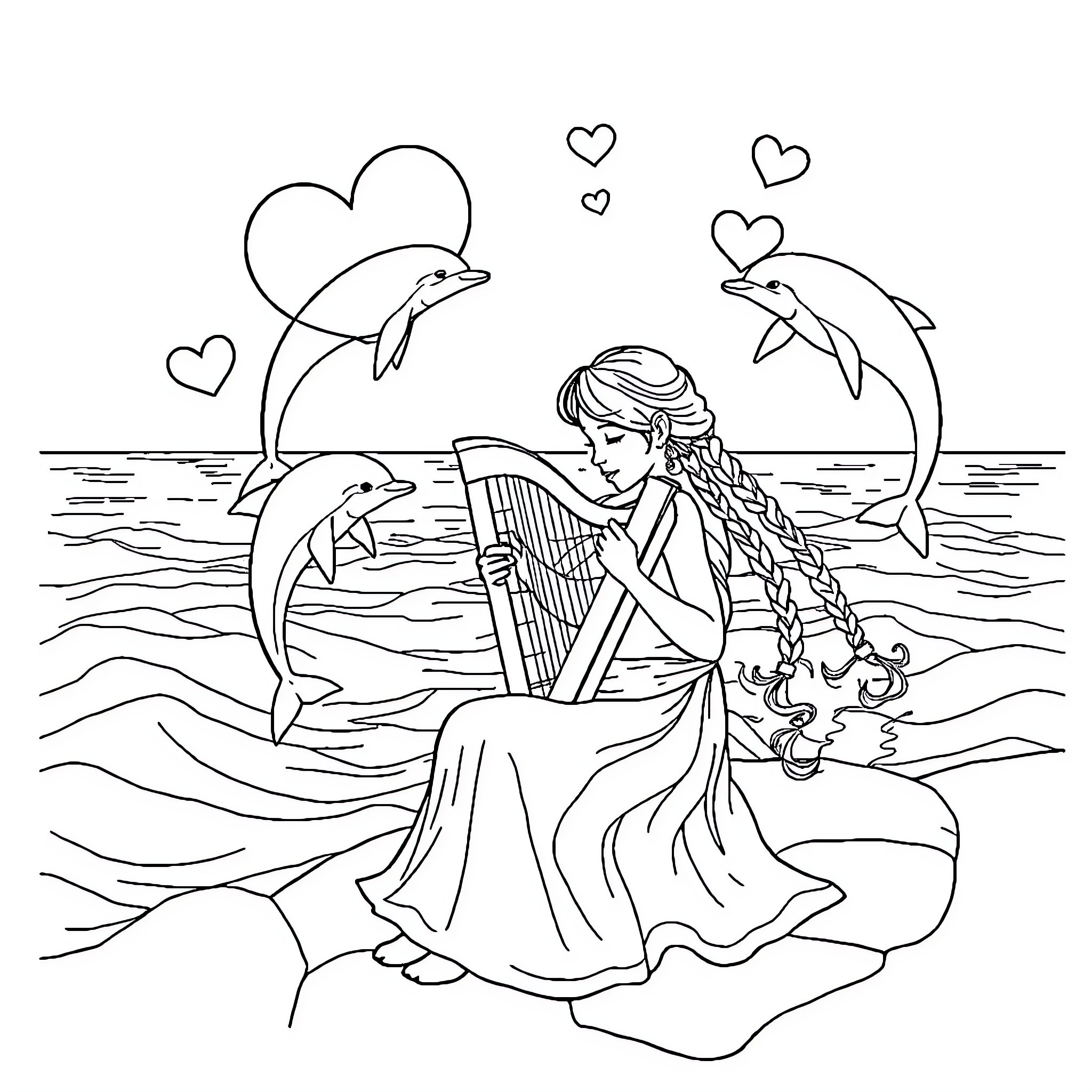 Dolphin Serenade: Harp-Playing Mermaid and Playful Dolphins Coloring Page (free black-and-white line drawing printable PDF for all, from beginners to advanced learners, including children, teens, adults, and seniors)