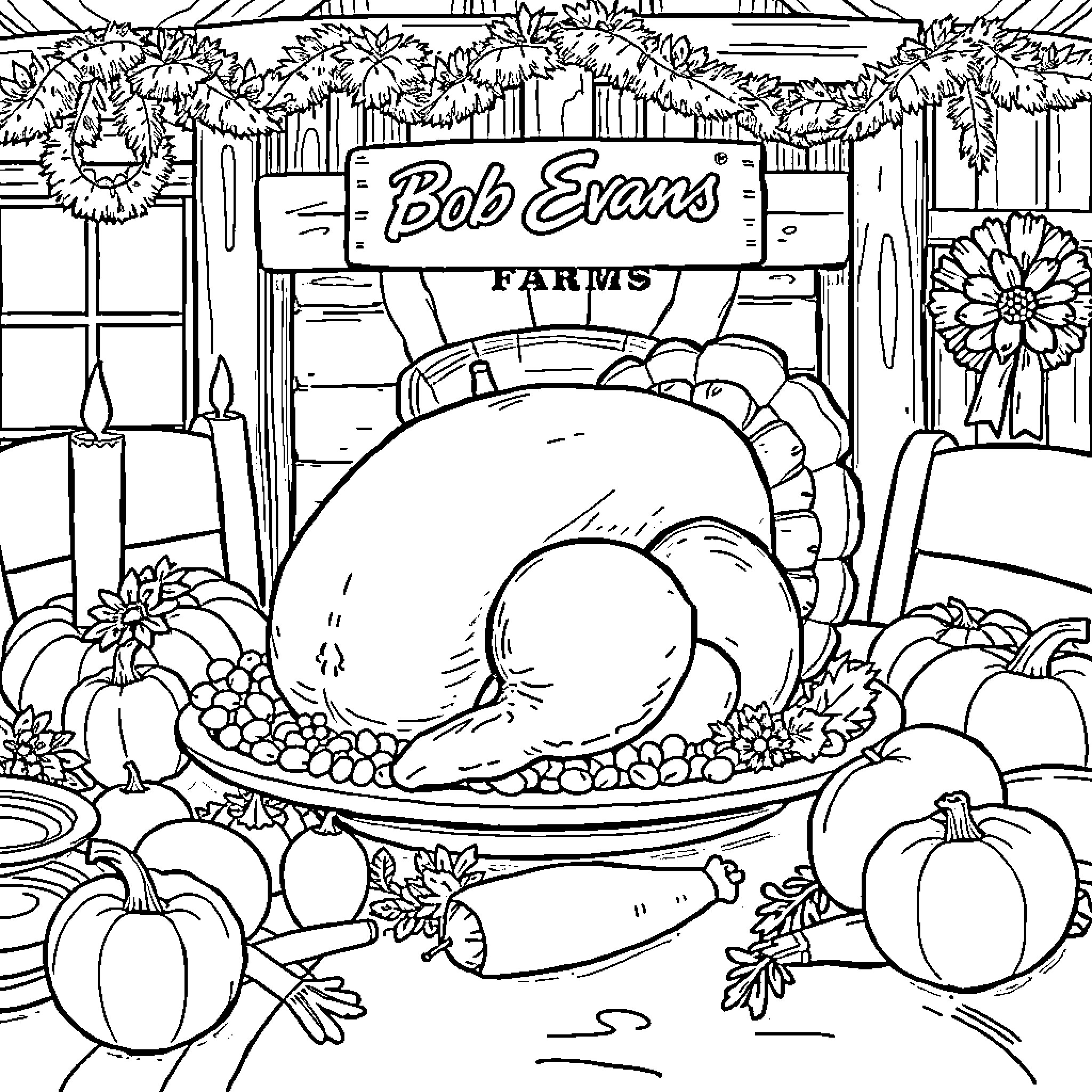 Turkey Farms Thanksgiving Produce Display Coloring Page (free black-and-white line drawing printable PDF for all, from beginners to advanced learners, including children, teens, adults, and seniors)