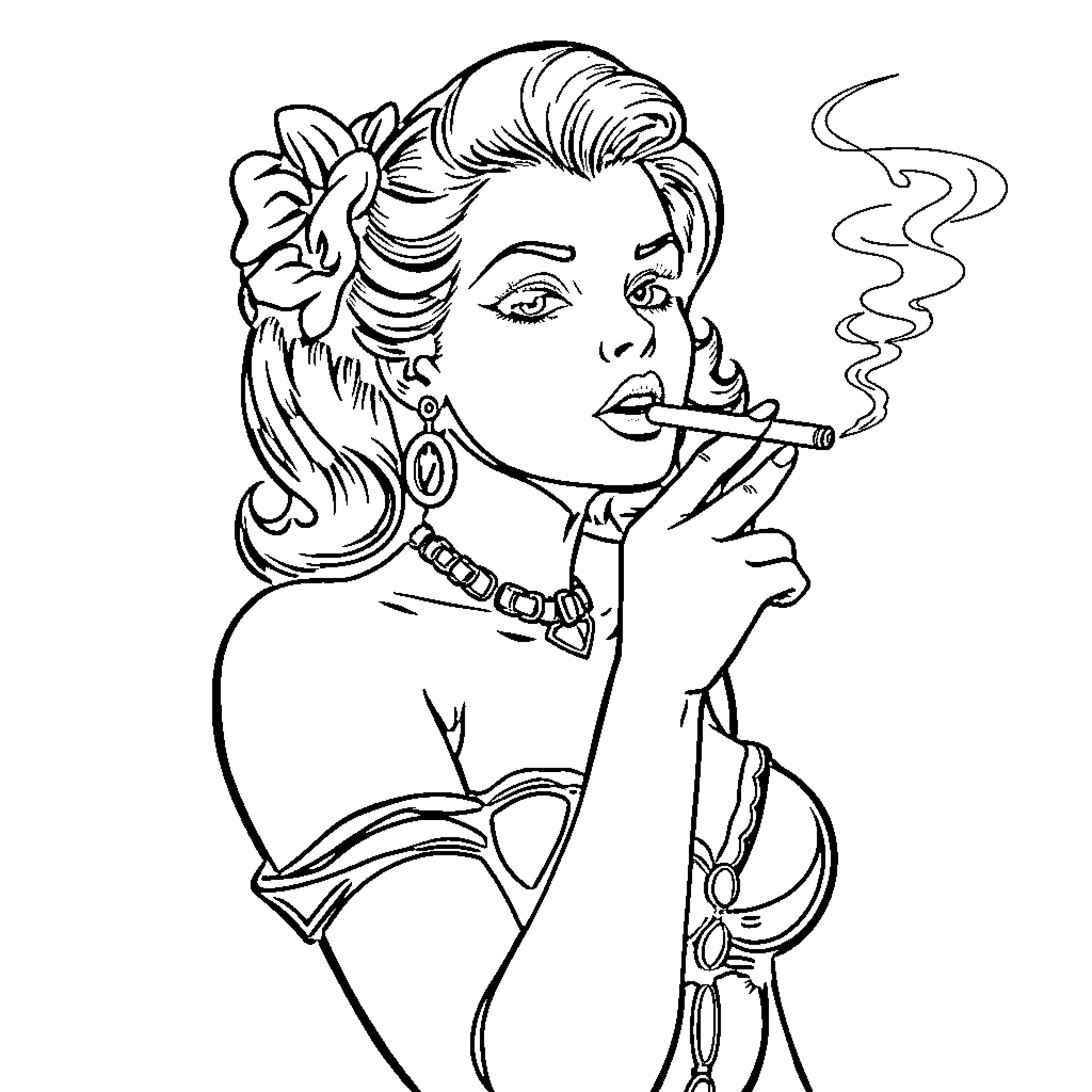Pinup Woman Smoking and Posing Coloring Page (free black-and-white line drawing printable PDF for all, from beginners to advanced learners, including children, teens, adults, and seniors)