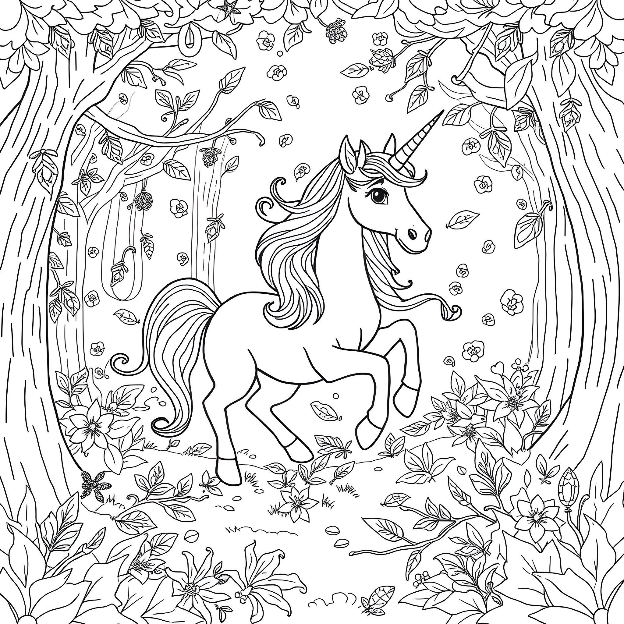 Unicorn galloping through enchanted forest Coloring Page (free black-and-white line drawing printable PDF for all, from beginners to advanced learners, including children, teens, adults, and seniors)