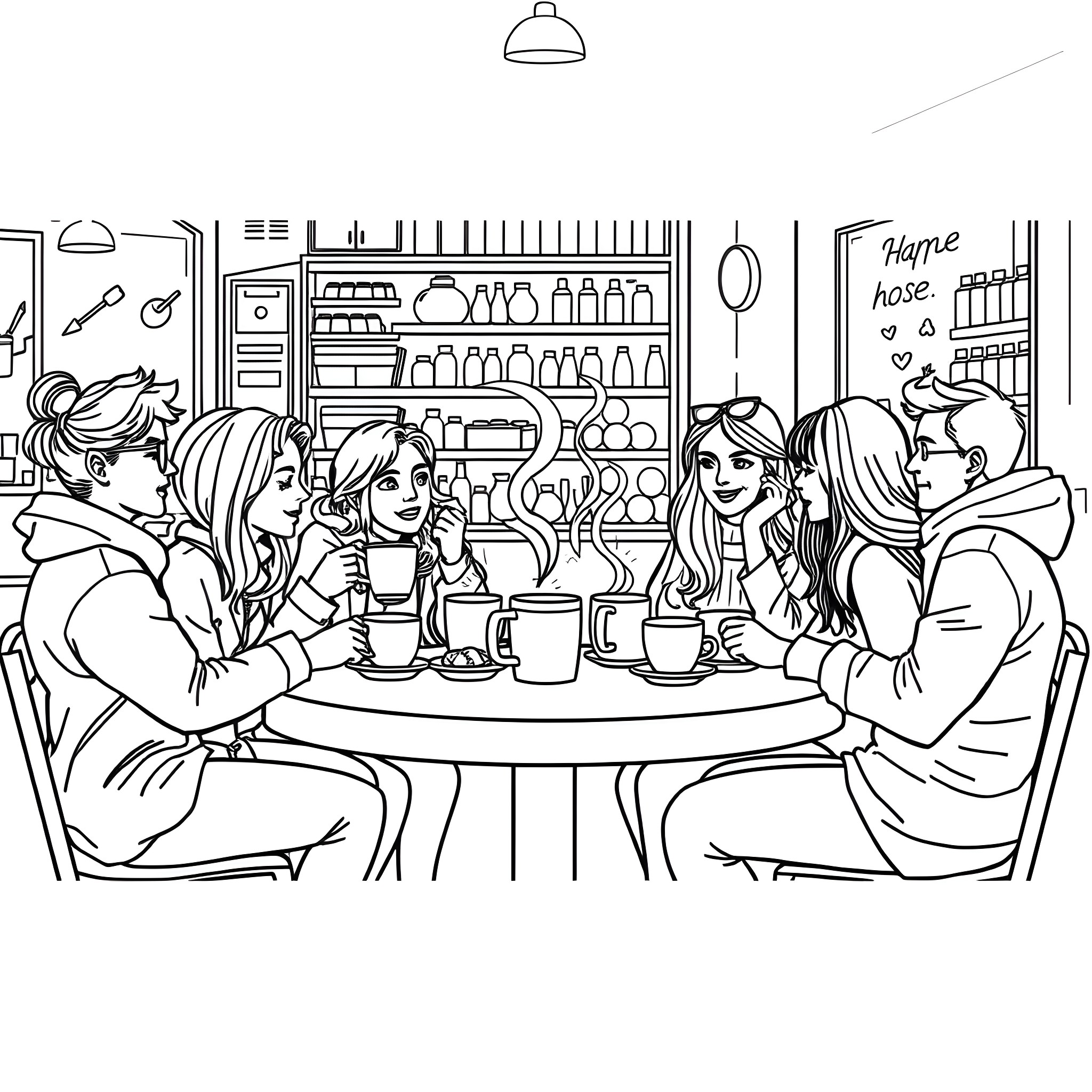 Friends enjoying coffee at a cozy cafe Coloring Page (free black-and-white line drawing printable PDF for all, from beginners to advanced learners, including children, teens, adults, and seniors)