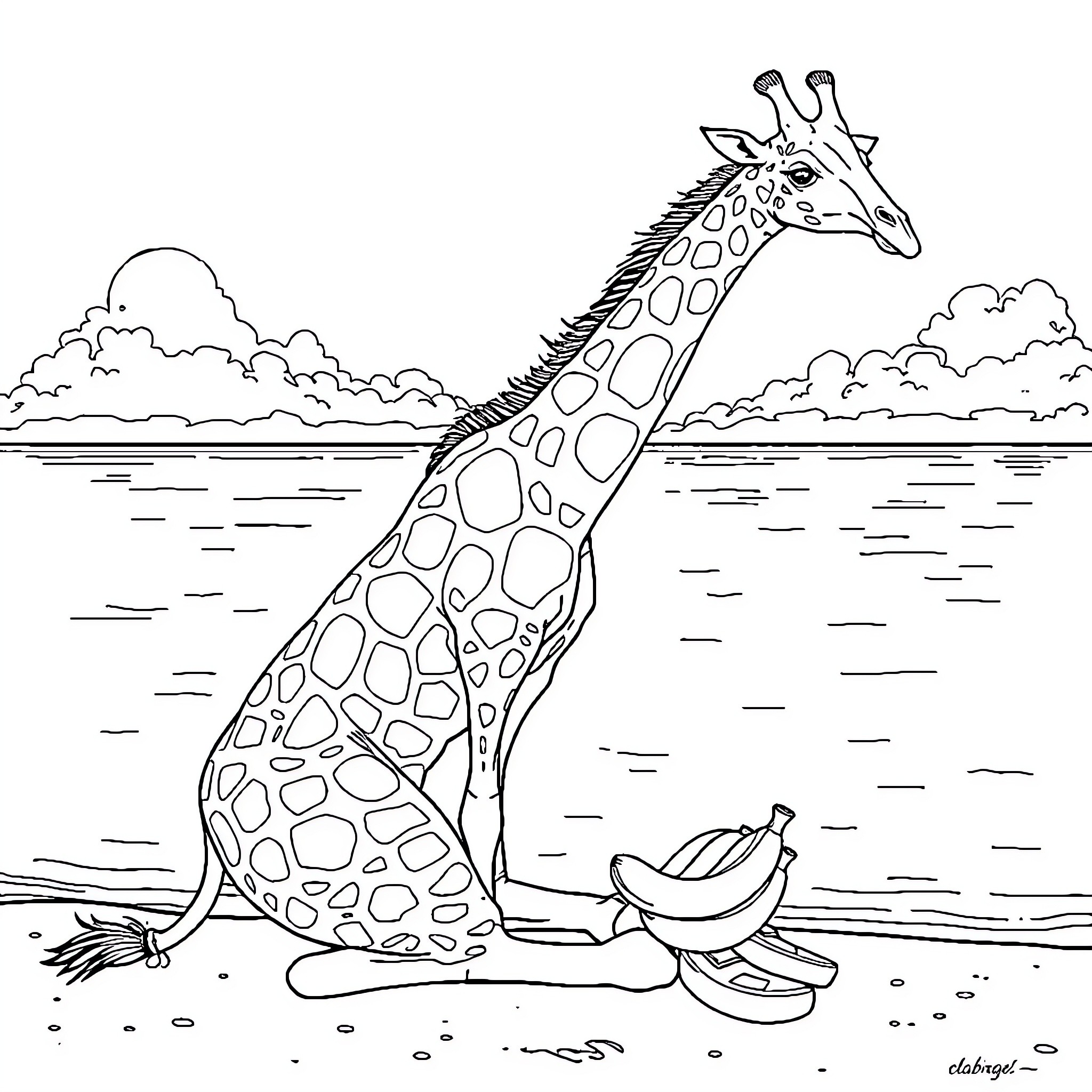 Giraffe relaxing near a lake Coloring Page (free black-and-white line drawing printable PDF for all, from beginners to advanced learners, including children, teens, adults, and seniors)