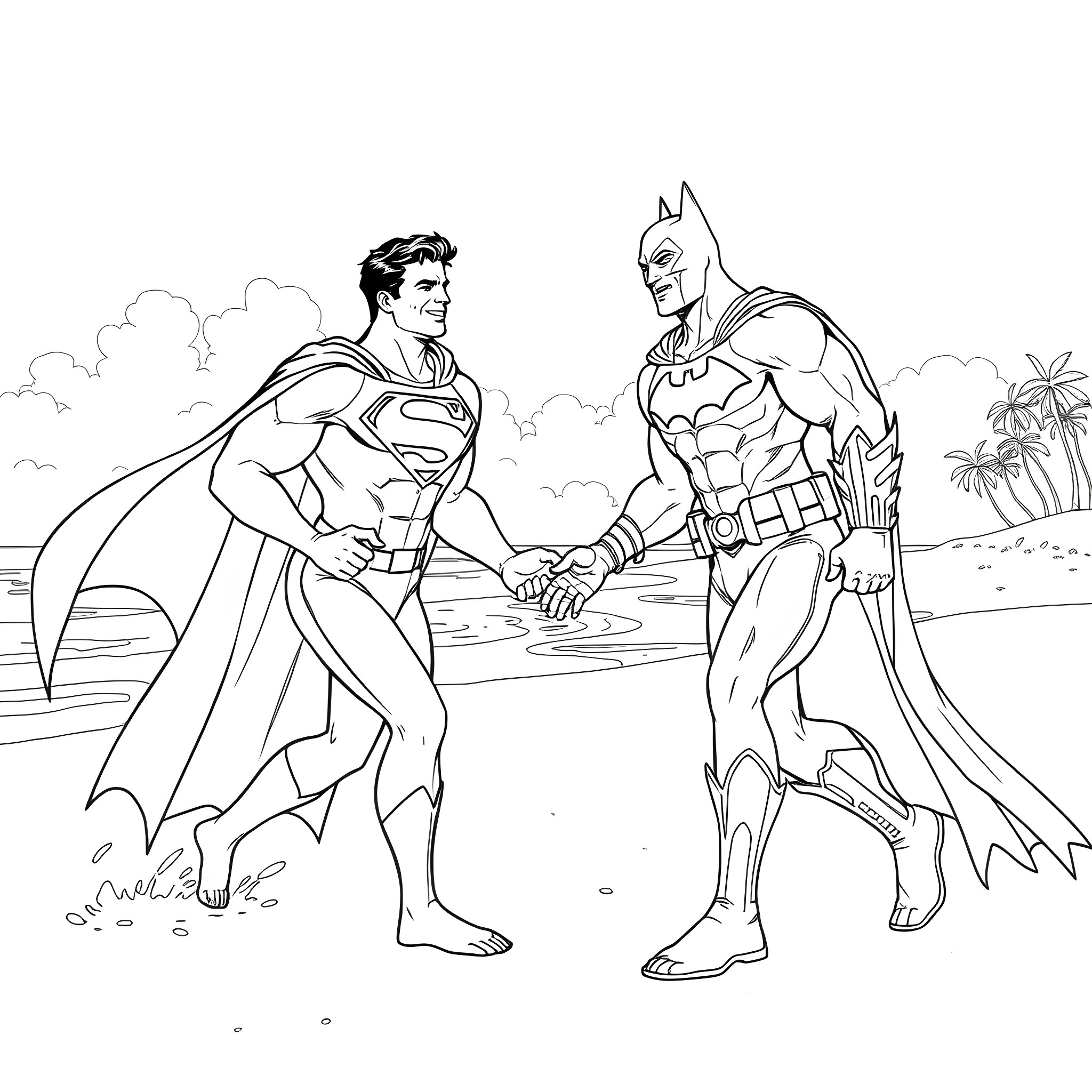Superman and Batman in action on tropical beach Coloring Page (free black-and-white line drawing printable PDF for all, from beginners to advanced learners, including children, teens, adults, and seniors)