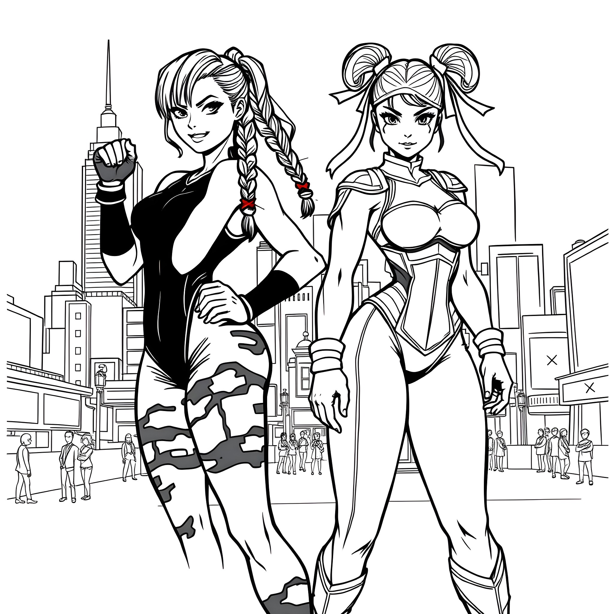 Cammy and her Anime Companion in the City Coloring Page (free black-and-white line drawing printable PDF for all, from beginners to advanced learners, including children, teens, adults, and seniors)