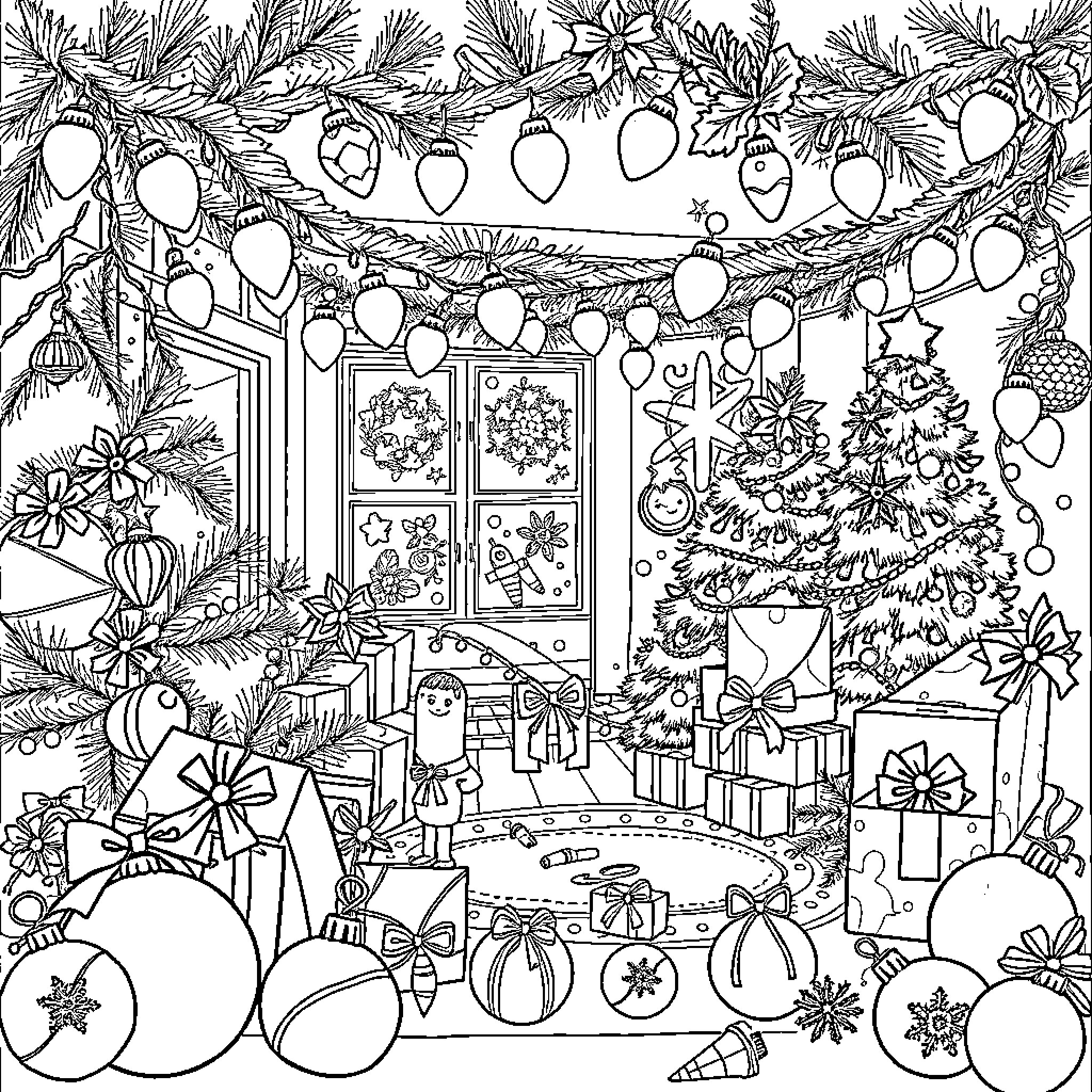 Christmas Cozy Indoor Scene with Decorated Tree Coloring Page (free black-and-white line drawing printable PDF for all, from beginners to advanced learners, including children, teens, adults, and seniors)