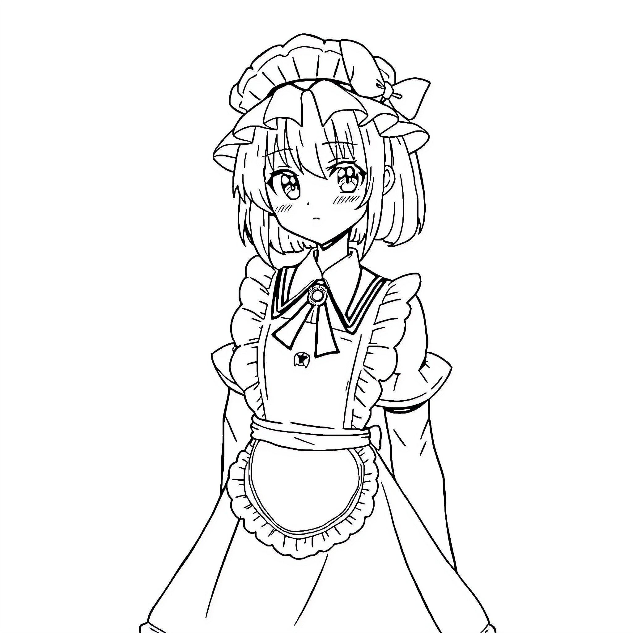 Kuromi in maid outfit with happy expression Coloring Page (free black-and-white line drawing printable PDF for all, from beginners to advanced learners, including children, teens, adults, and seniors)