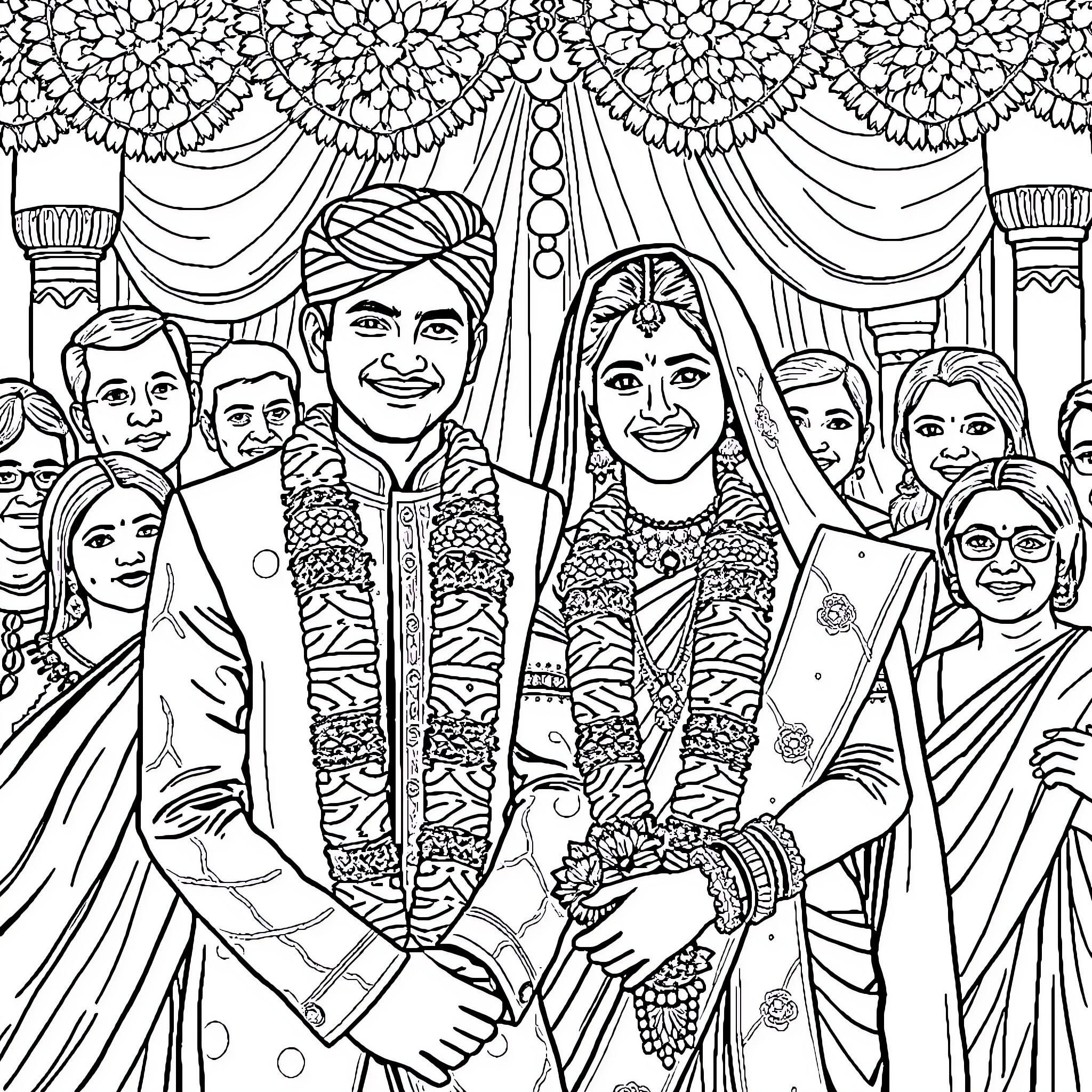 Couple in traditional Indian wedding attire Coloring Page (free black-and-white line drawing printable PDF for all, from beginners to advanced learners, including children, teens, adults, and seniors)