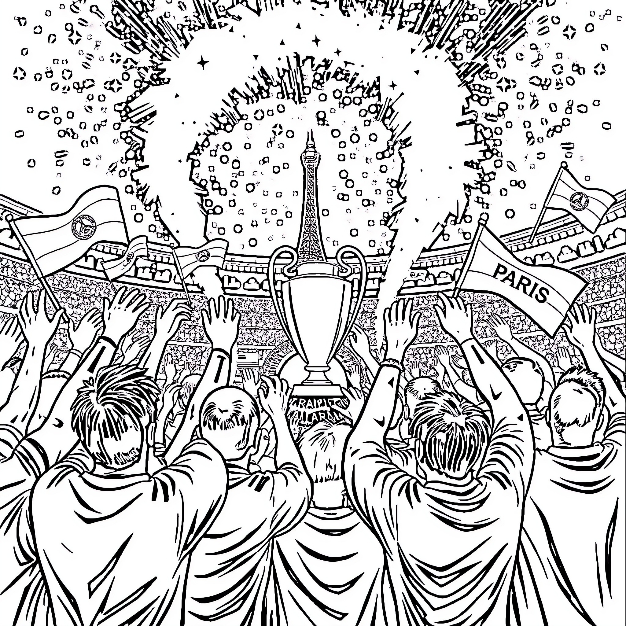 Paris Celebration with Cheering Crowd and Eiffel Tower Coloring Page (free black-and-white line drawing printable PDF for all, from beginners to advanced learners, including children, teens, adults, and seniors)