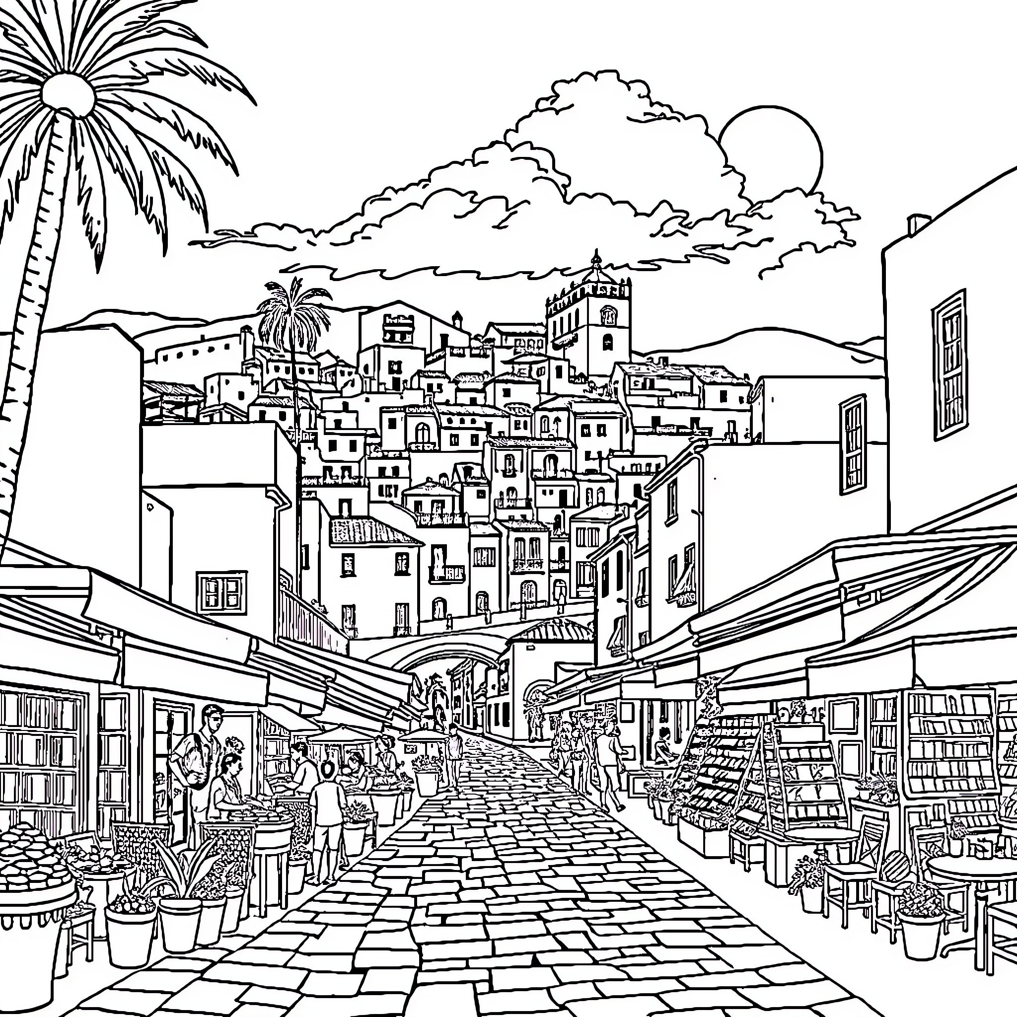 Spain: Bustling Market Scene in Hilly Coastal Town Coloring Page (free black-and-white line drawing printable PDF for all, from beginners to advanced learners, including children, teens, adults, and seniors)