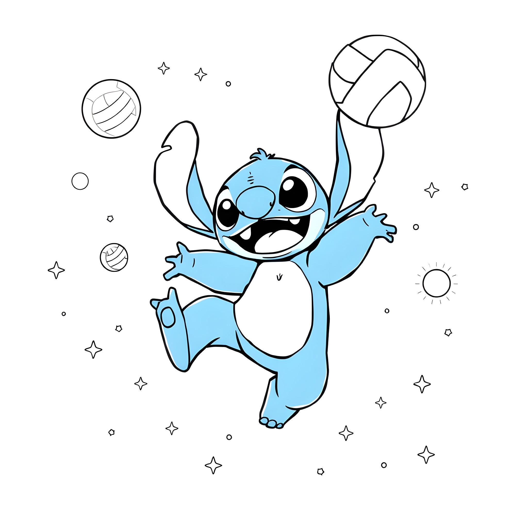 Stitch playing with balls in space Coloring Page (free black-and-white line drawing printable PDF for all, from beginners to advanced learners, including children, teens, adults, and seniors)