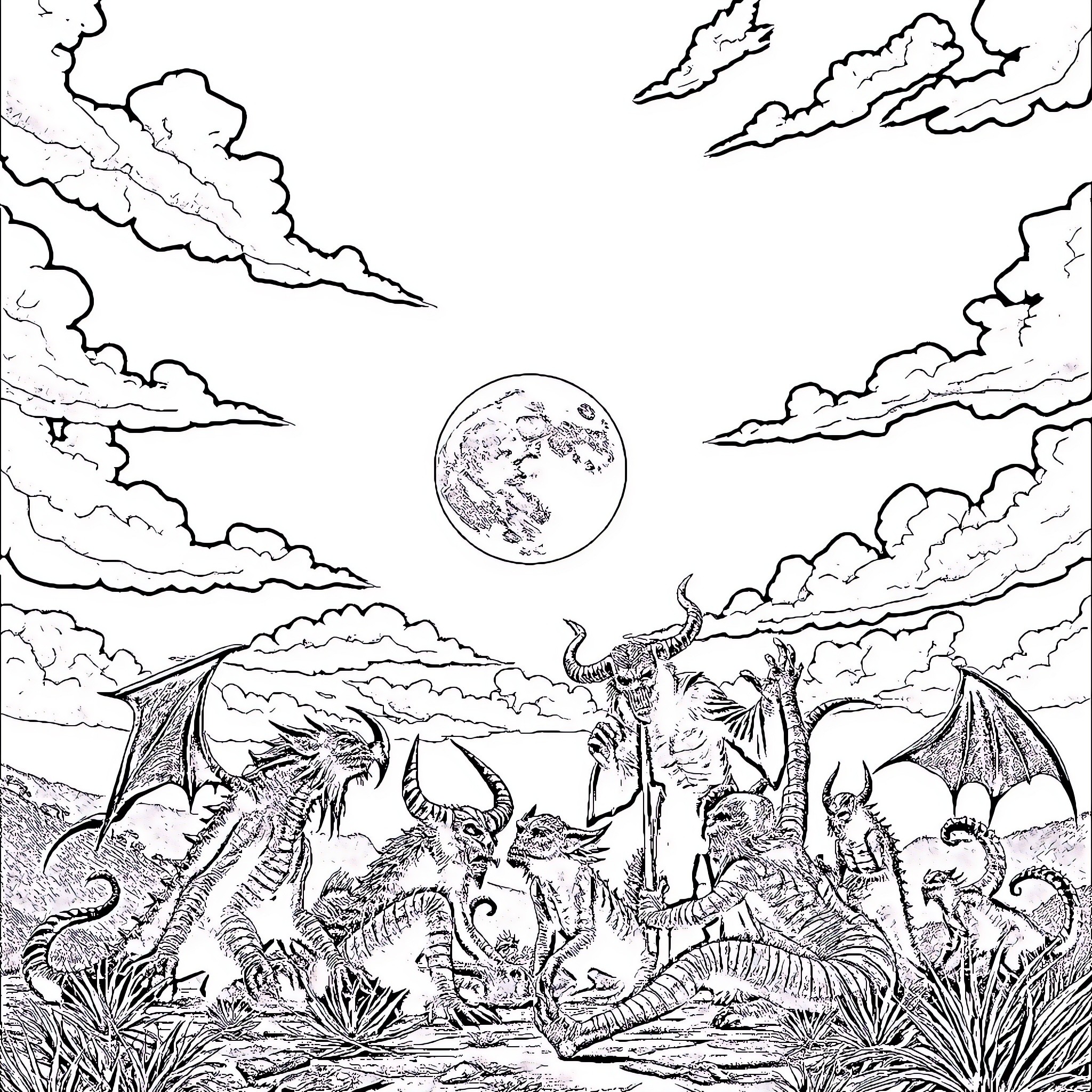 Lune's Night with Fantastical Creatures Coloring Page (free black-and-white line drawing printable PDF for all, from beginners to advanced learners, including children, teens, adults, and seniors)
