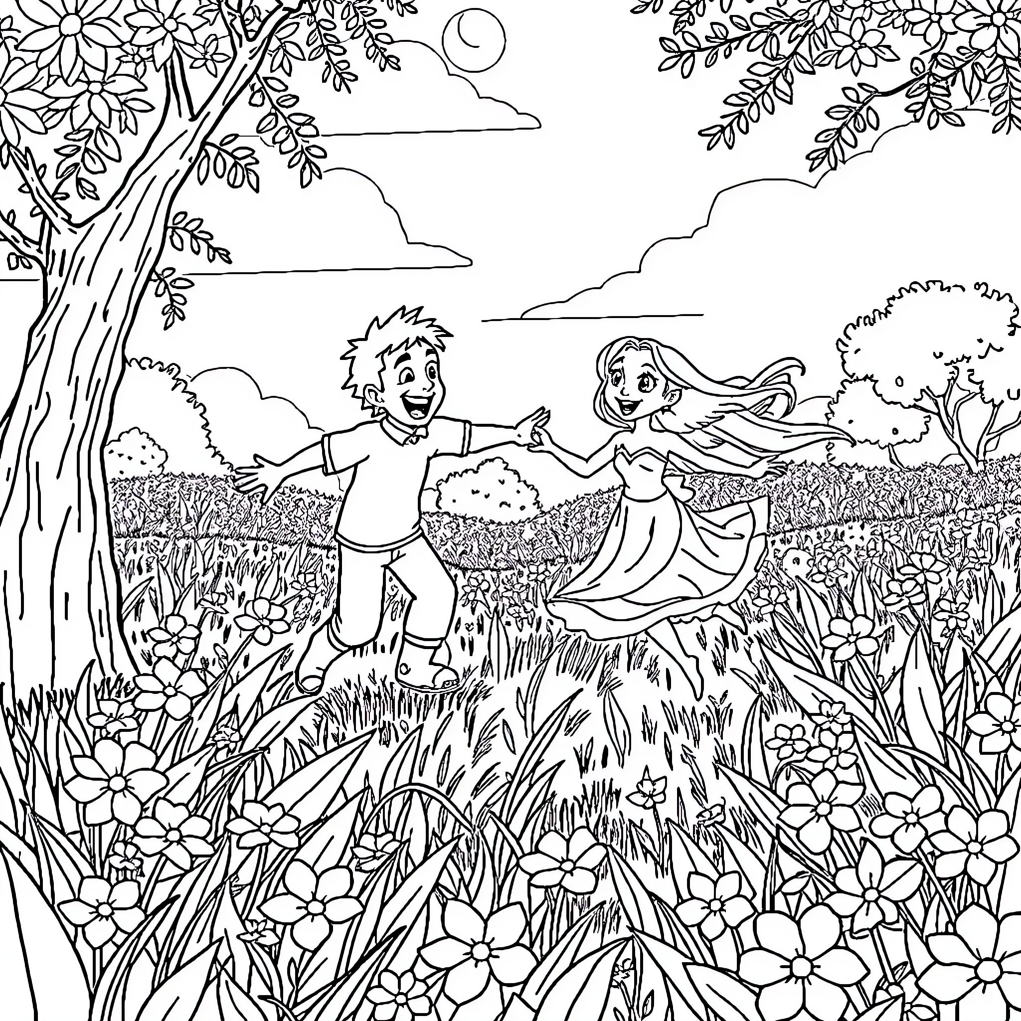 Carmelo and the Girl Dancing in the Meadow Coloring Page (free black-and-white line drawing printable PDF for all, from beginners to advanced learners, including children, teens, adults, and seniors)