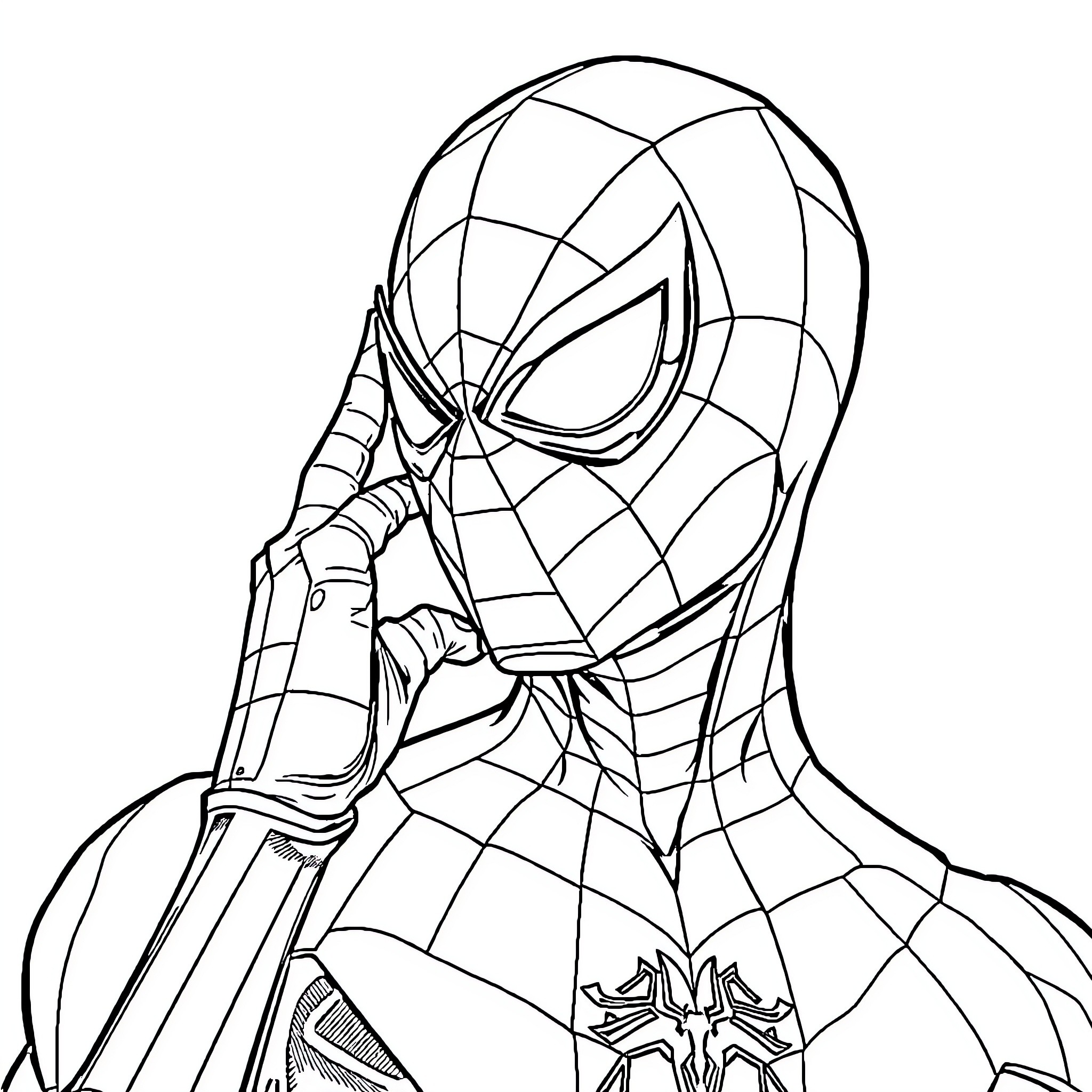 Spiderman in heroic action pose Coloring Page (free black-and-white line drawing printable PDF for all, from beginners to advanced learners, including children, teens, adults, and seniors)