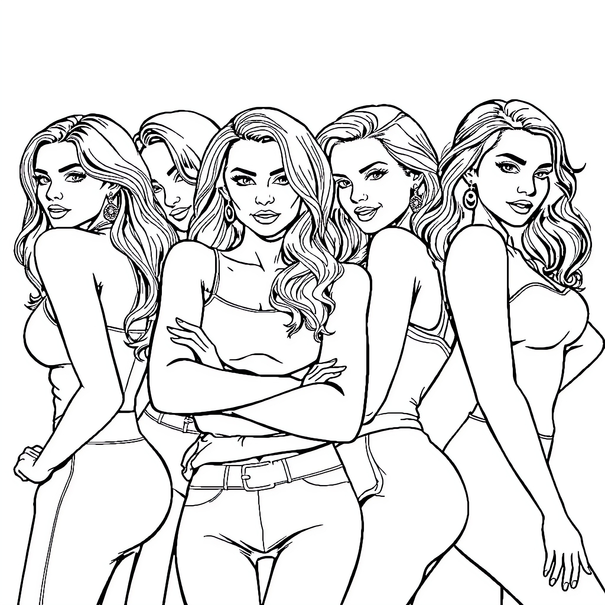Girls posing confidently in stylish outfits Coloring Page (free black-and-white line drawing printable PDF for all, from beginners to advanced learners, including children, teens, adults, and seniors)