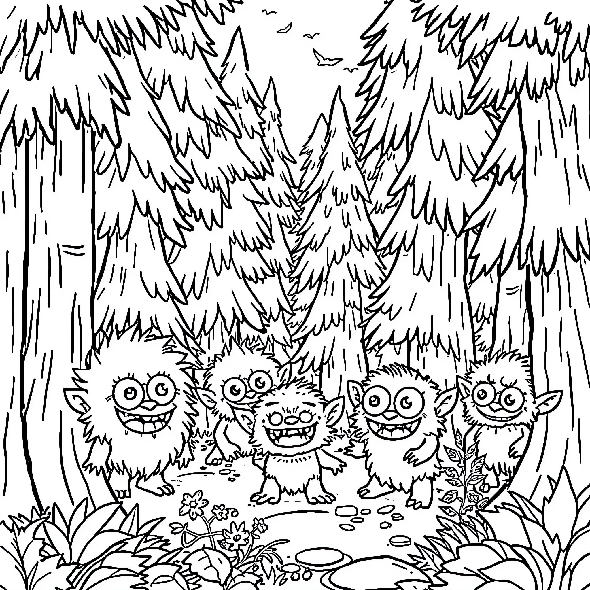 Monster creatures exploring the forest Coloring Page (free black-and-white line drawing printable PDF for all, from beginners to advanced learners, including children, teens, adults, and seniors)