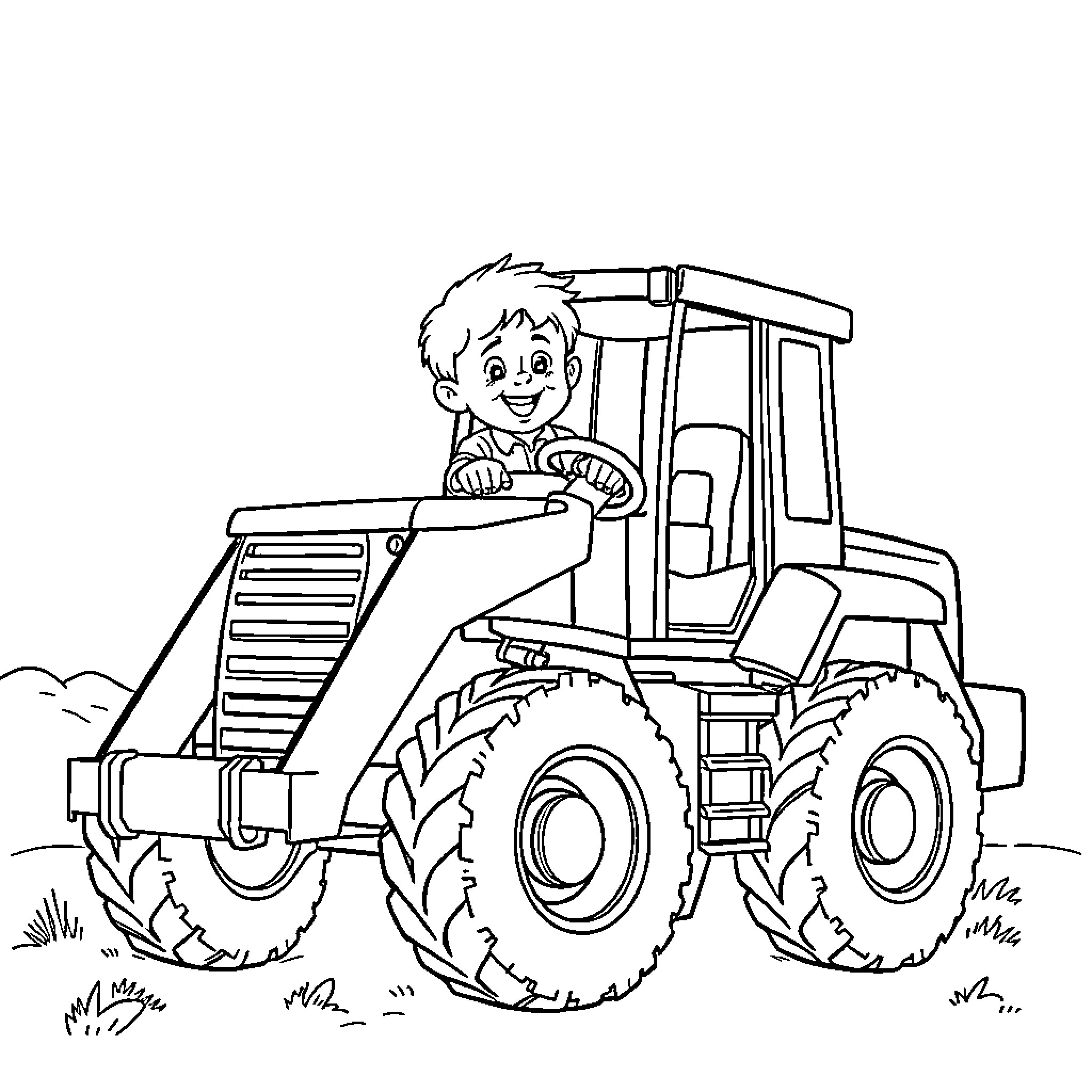 Boy driving a tractor in a field Coloring Page (free black-and-white line drawing printable PDF for all, from beginners to advanced learners, including children, teens, adults, and seniors)