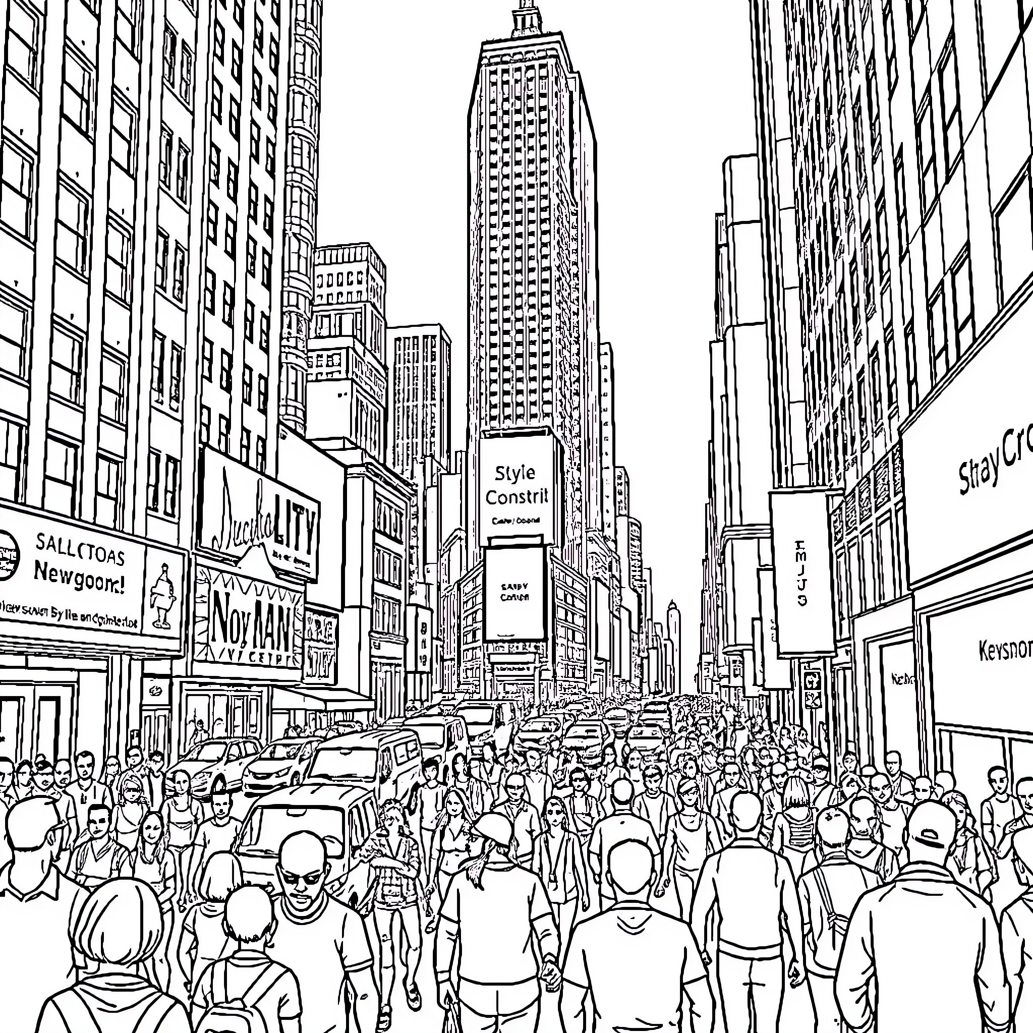 New York City Streets Filled with Bustling Crowds Coloring Page (free black-and-white line drawing printable PDF for all, from beginners to advanced learners, including children, teens, adults, and seniors)