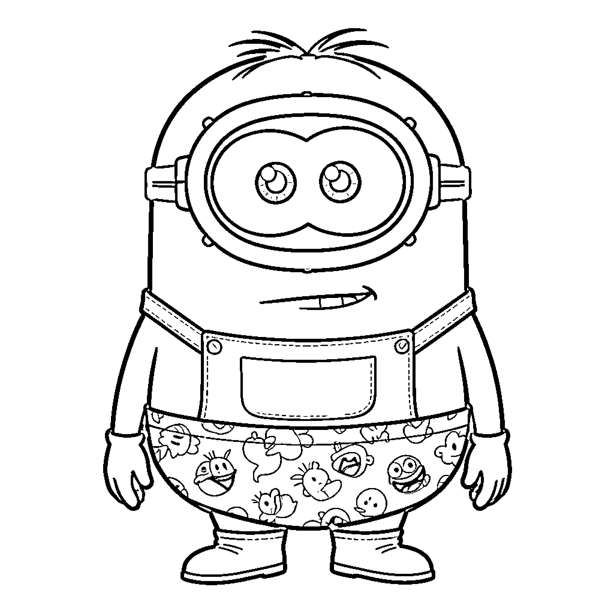 Minion wearing goggles and overalls smiling happily Coloring Page (free black-and-white line drawing printable PDF for all, from beginners to advanced learners, including children, teens, adults, and seniors)